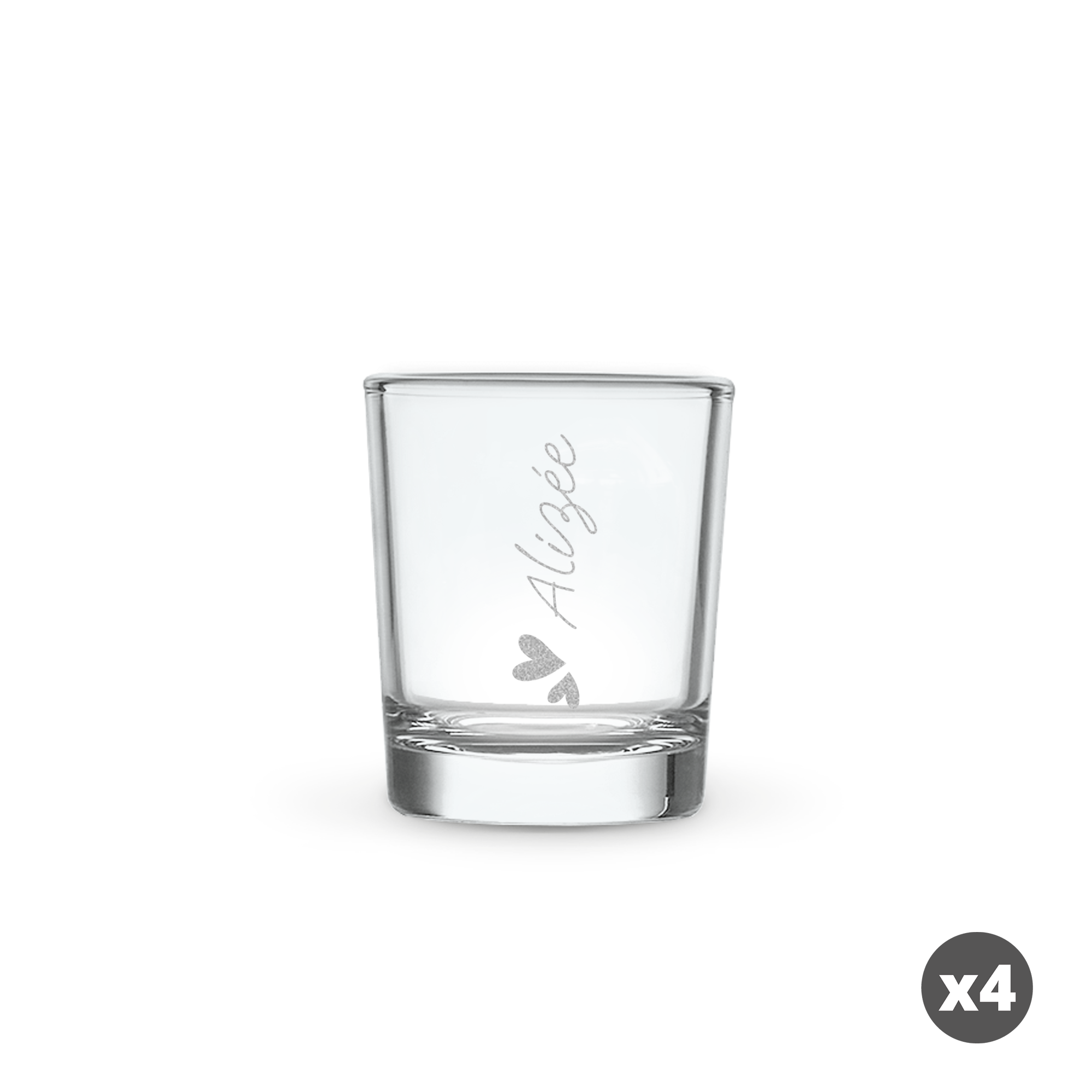 Verre à shot personnalisé Alizée avec un nom gravé et un motif cœur, parfait pour les fêtes.