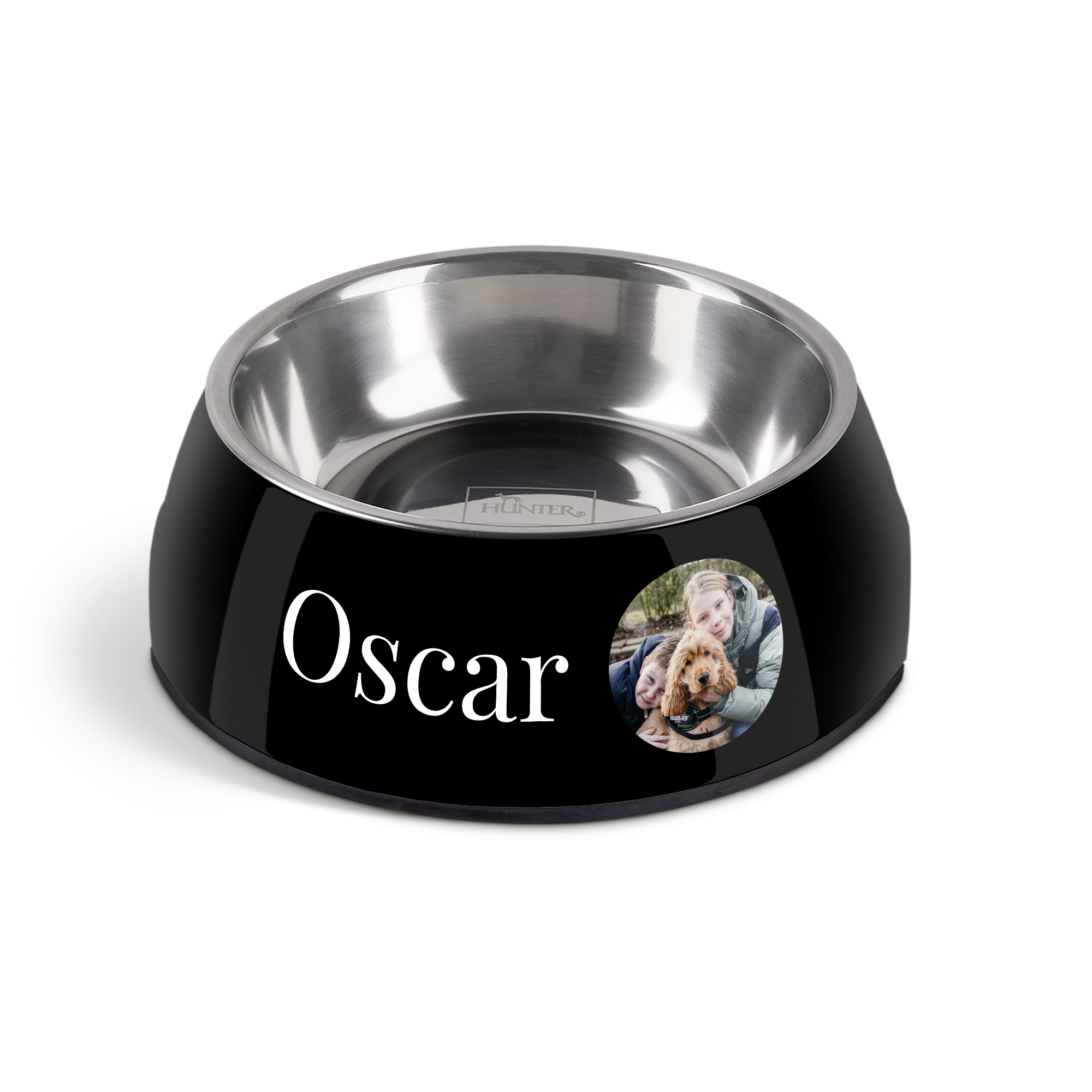 Musta yksilöllinen ruokakulho koiralle Oscar-nimellä ja kuvalla