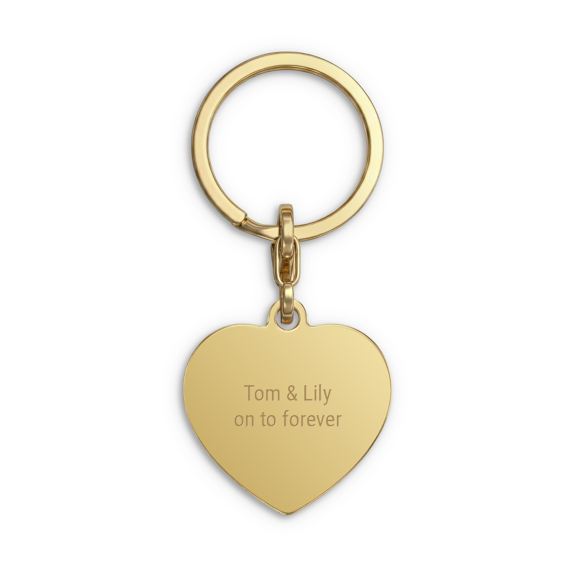 Schlüsselanhänger mit Gravur Herz Gold, personalisierbar mit Namen Tom & Lily und dem Text "on to forever" in einem Herz-Design.