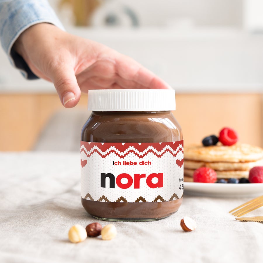 Personalisiertes nutella®-Glas Personalisiertes nutella Glas, bedruckt mit dem Namen Nora und dem Text "ich liebe dich", perfekt um deine Liebsten zu überraschen.