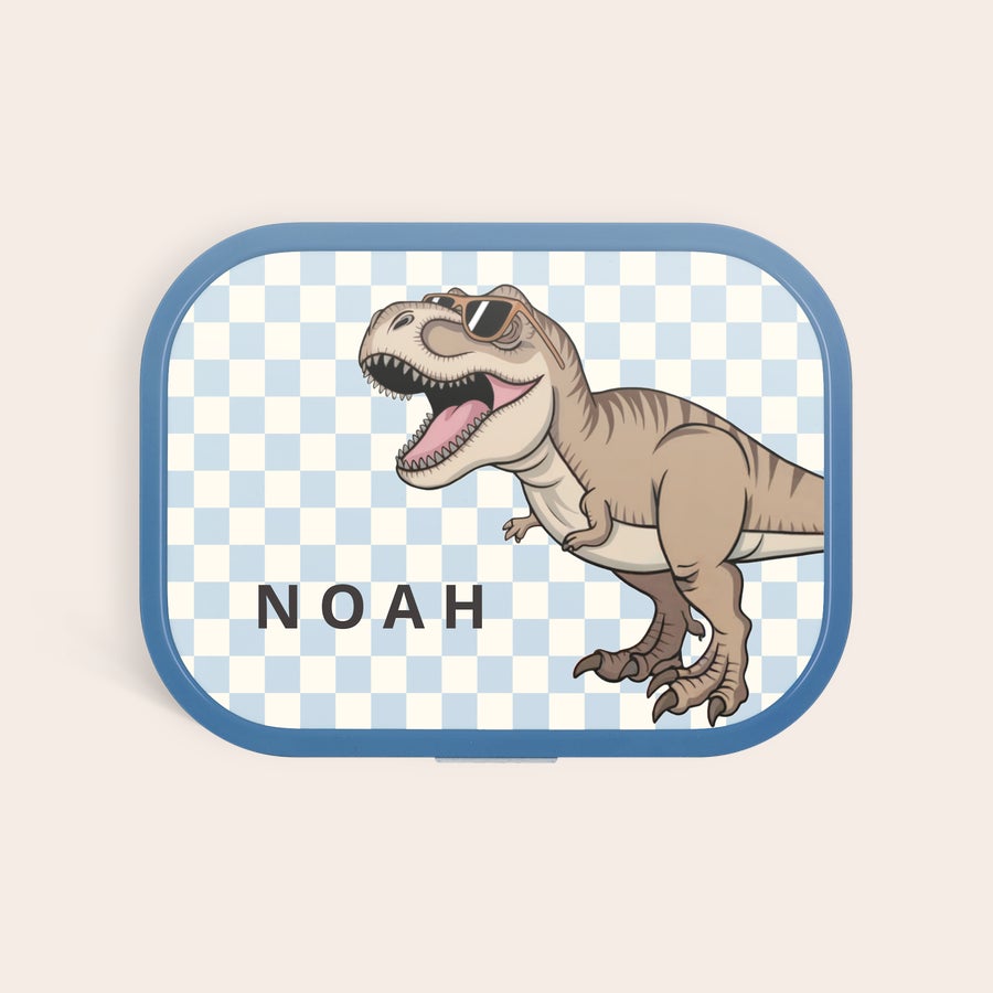 Mepal ebéddoboz - személyre szabott Személyre szabott Mepal uzsonnásdoboz, hűvös T-Rex mintával és Noah névvel, kék kerettel nyomtatva