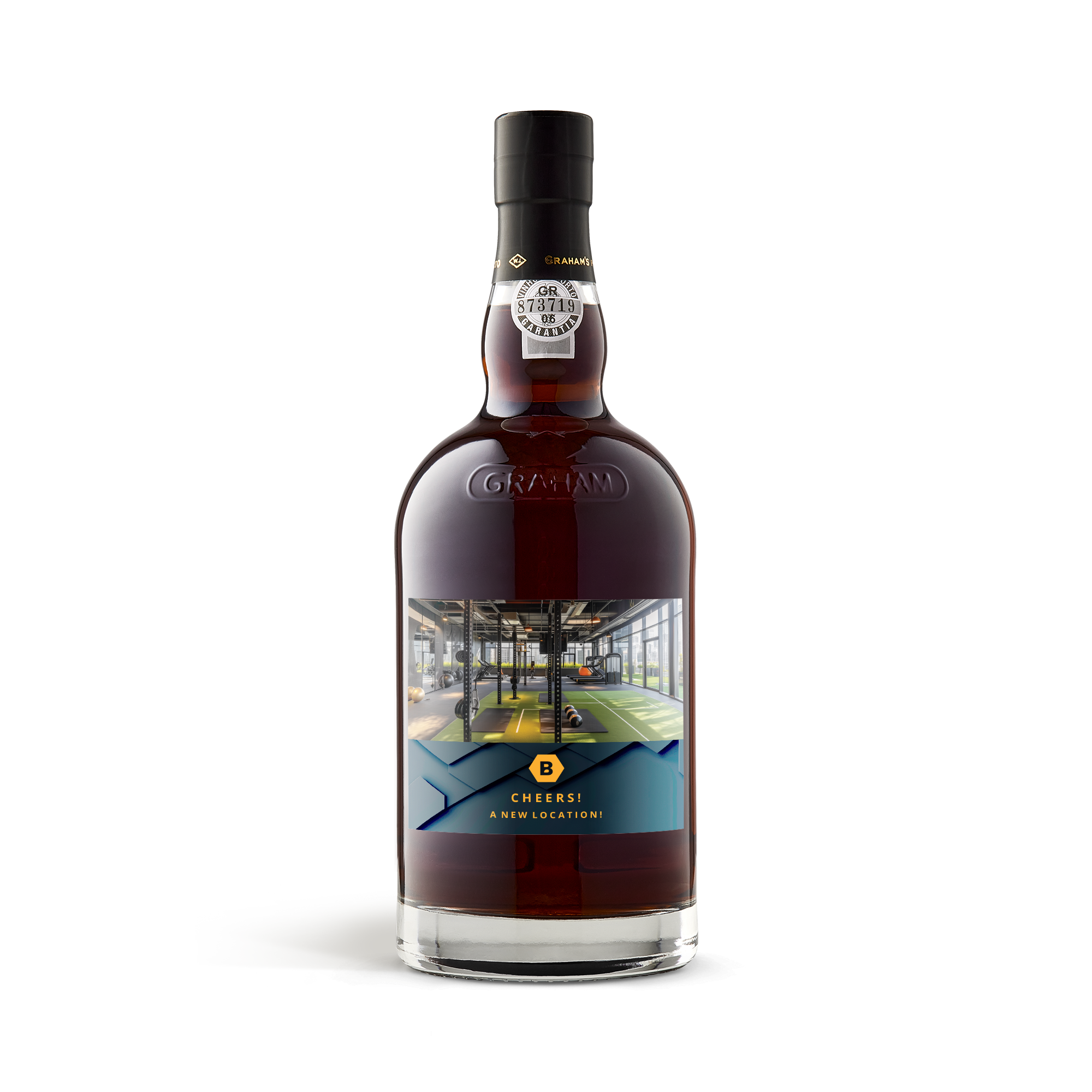 Bottiglia di Graham The Tawny Reserve con etichetta personalizzata con foto di palestra e testo Cheers