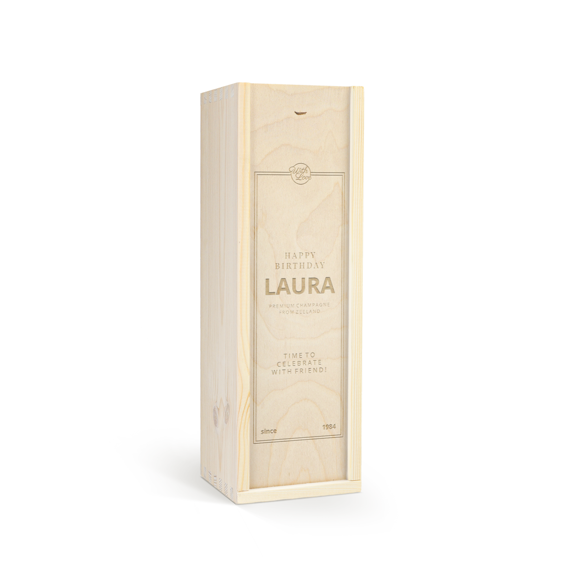 Bouteille de vin sans alcool Vintense dans un coffret en bois personnalisé gravé joyeux anniversaire Laura