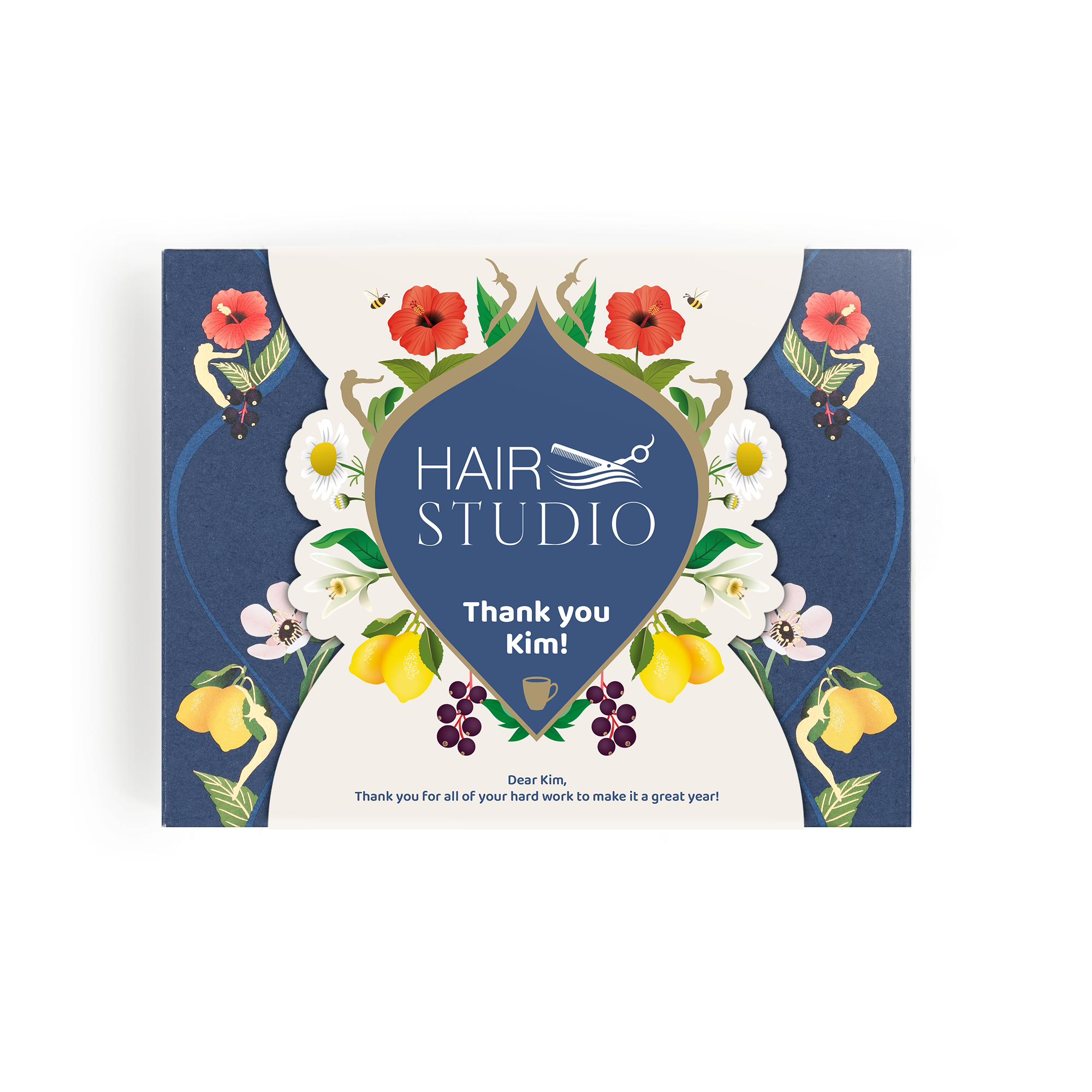 Personalised Pukka tea gift set with a custom hair studio logo and printed message to Kim