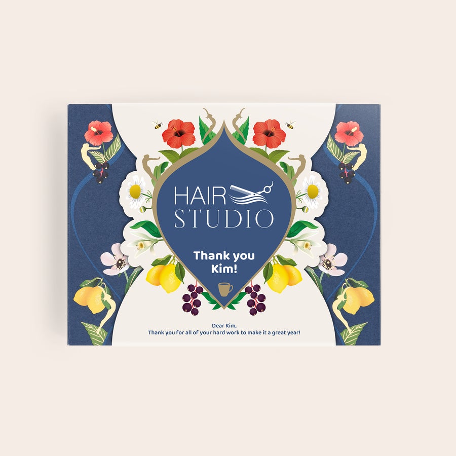 Personalised Pukka tea Personalised Pukka tea gift set with a custom hair studio logo and printed message to Kim