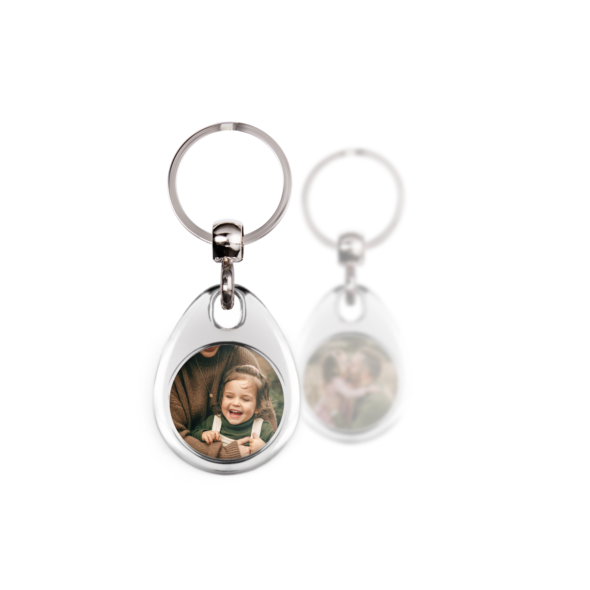 Sleutelhanger met foto - Rond - Dubbelzijdig bedrukt met een foto van een lachend meisje en een vaag beeld aan de achterkant.