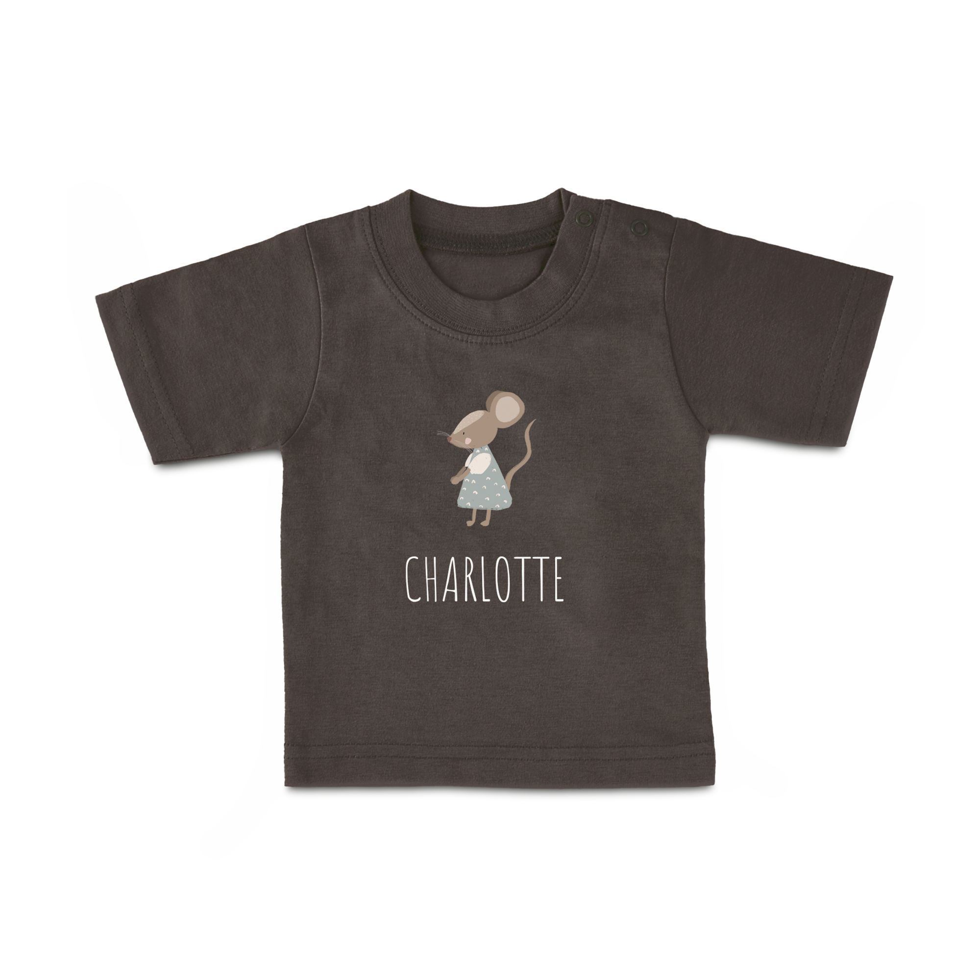 Barna, személyre szabott babaing, egér grafikával és Charlotte névvel nyomtatva