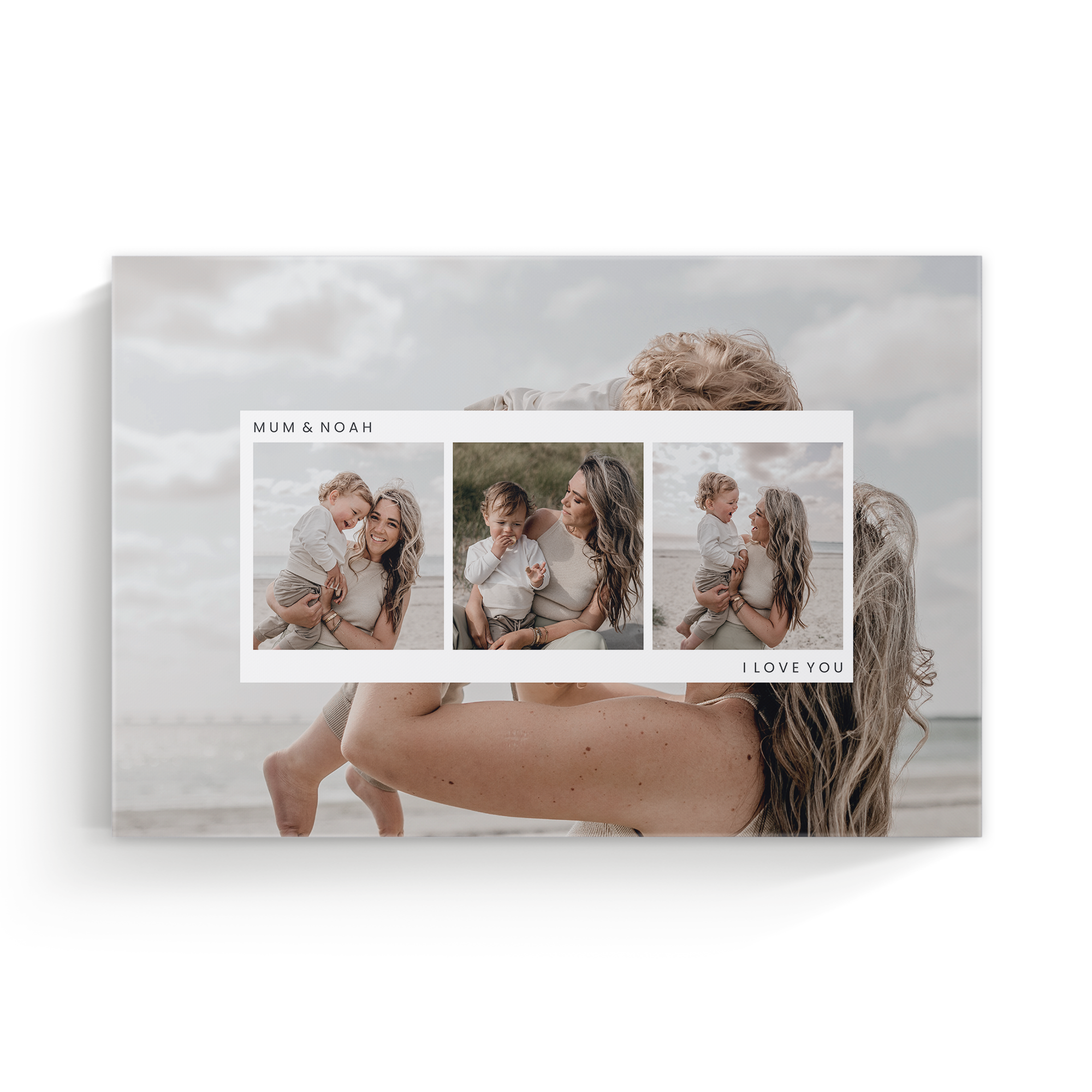 Pânză personalizată cu colaj de 3 fotografii mamă și copil, textul Mum & Noah și I Love You, fotografiile preferate tipărite pe pânză de înaltă calitate.