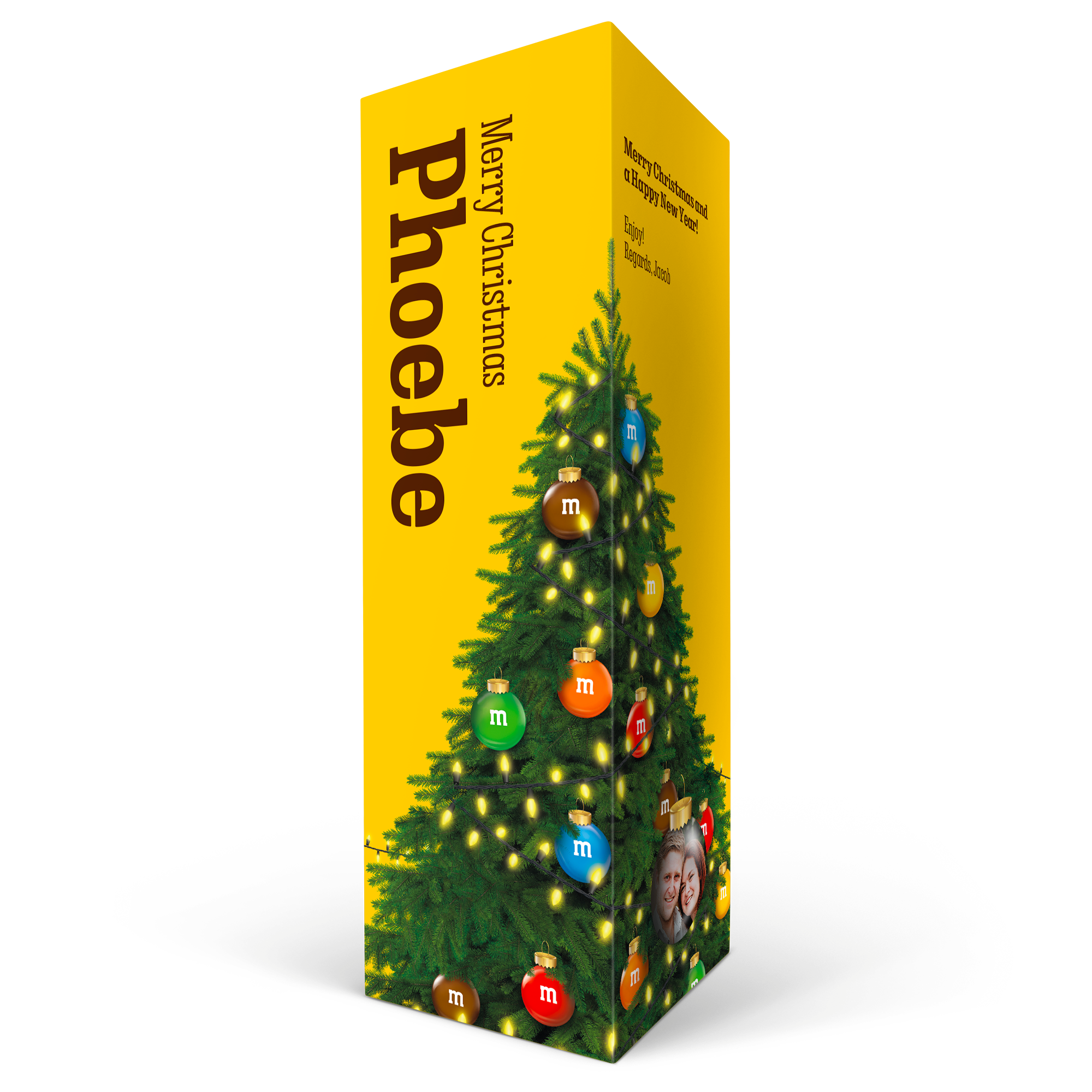Yellow M&Ms gift box with a Christmas tree design, personalized with the name Phoebe and a photo.