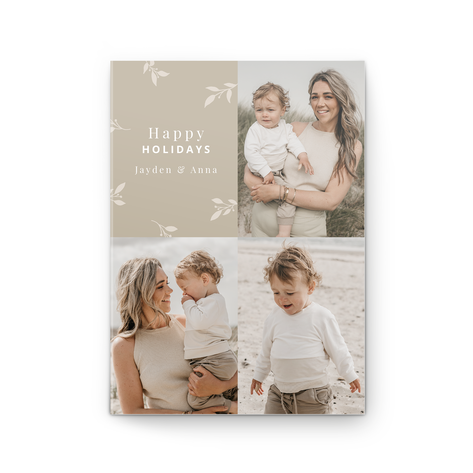 Fotokartka z czterema zdjęciami i napisem Happy Holidays Jayden & Anna, idealna na każdą okazję