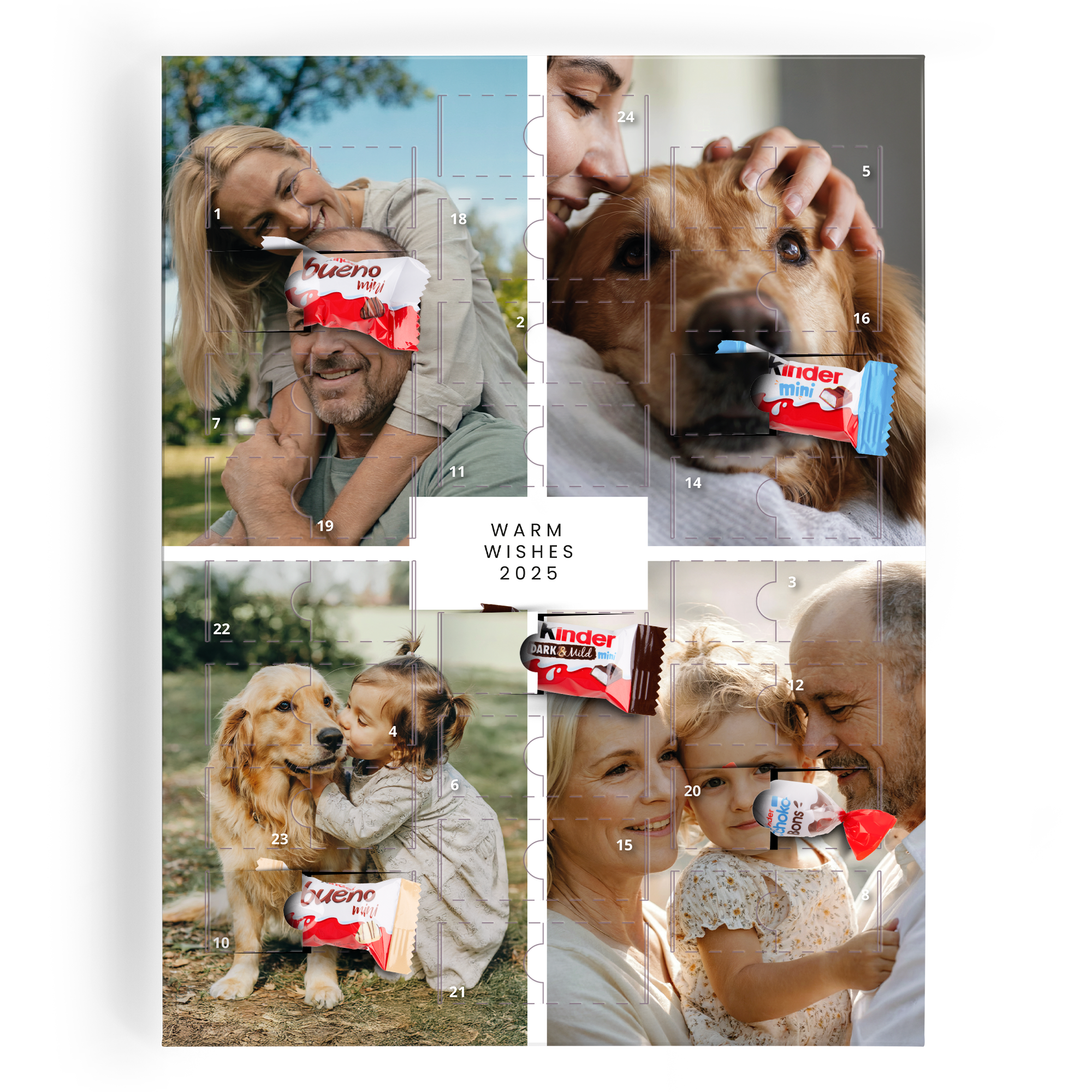 Calendrier de compte à rebours chocolat Kinder personnalisé avec des photos et le texte Warm Wishes 2025