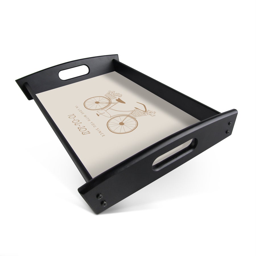Personalised photo tray - Rectangle - Black - 23.5 x 37 cm Black wooden serving tray printed with a bicycle graphic and "In love with you since 10-02-2021" text