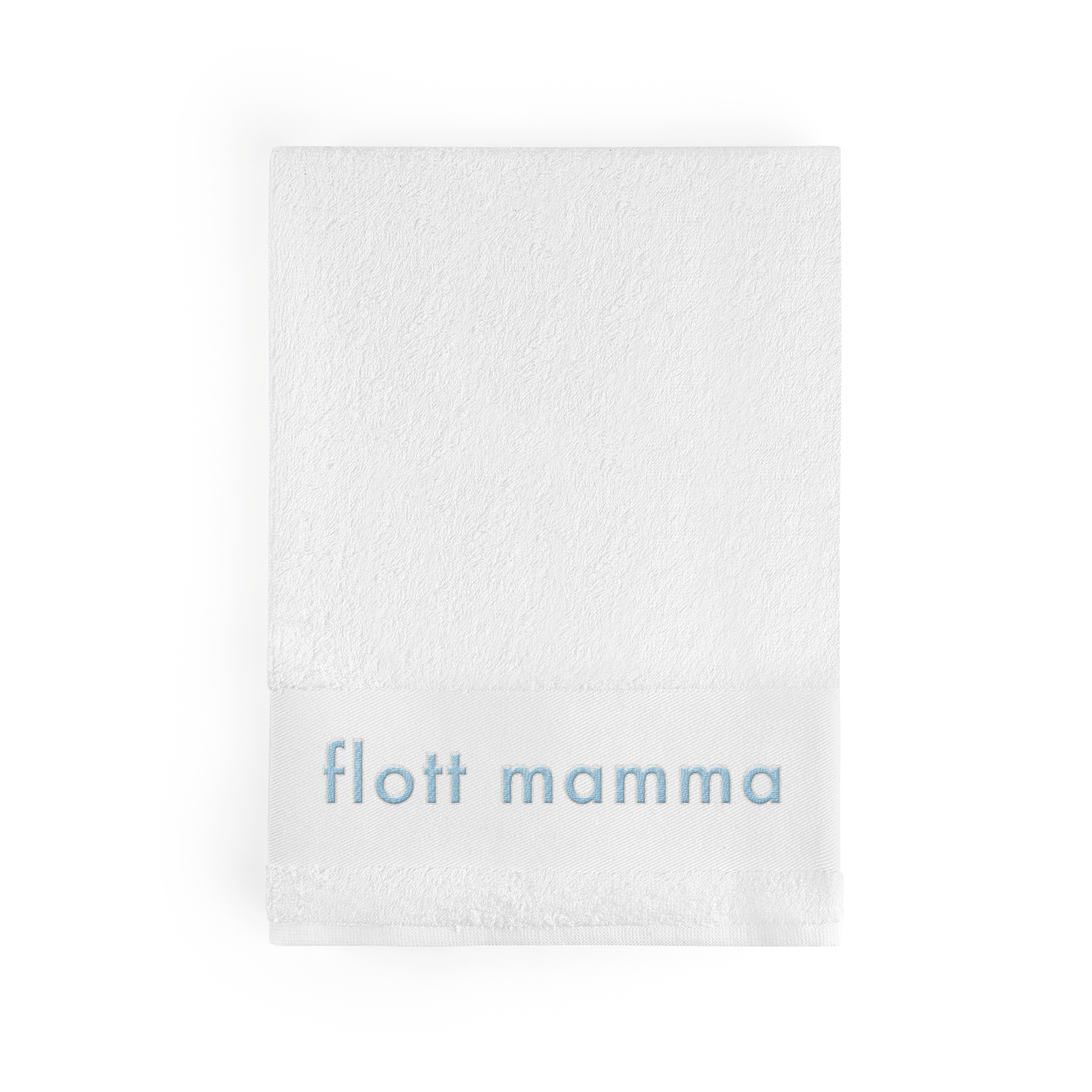 Håndkle brodert med navnet "flott mamma" i blått, perfekt som et super mykt og kosete håndkle med navn.