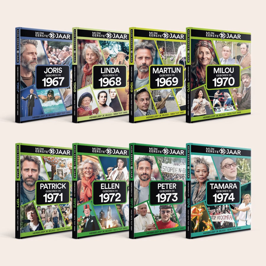 Geboortejaar boek - Mijn eerste 18 jaar Verschillende exemplaren van het persoonlijke boek Mijn eerste 18 jaar met namen en geboortejaren, een trip down memory lane.