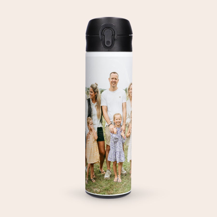 Trinkflasche Bedrucken Edelstahl Trinkflasche mit personalisiertem Foto einer Familie mit zwei Kindern, bedruckt