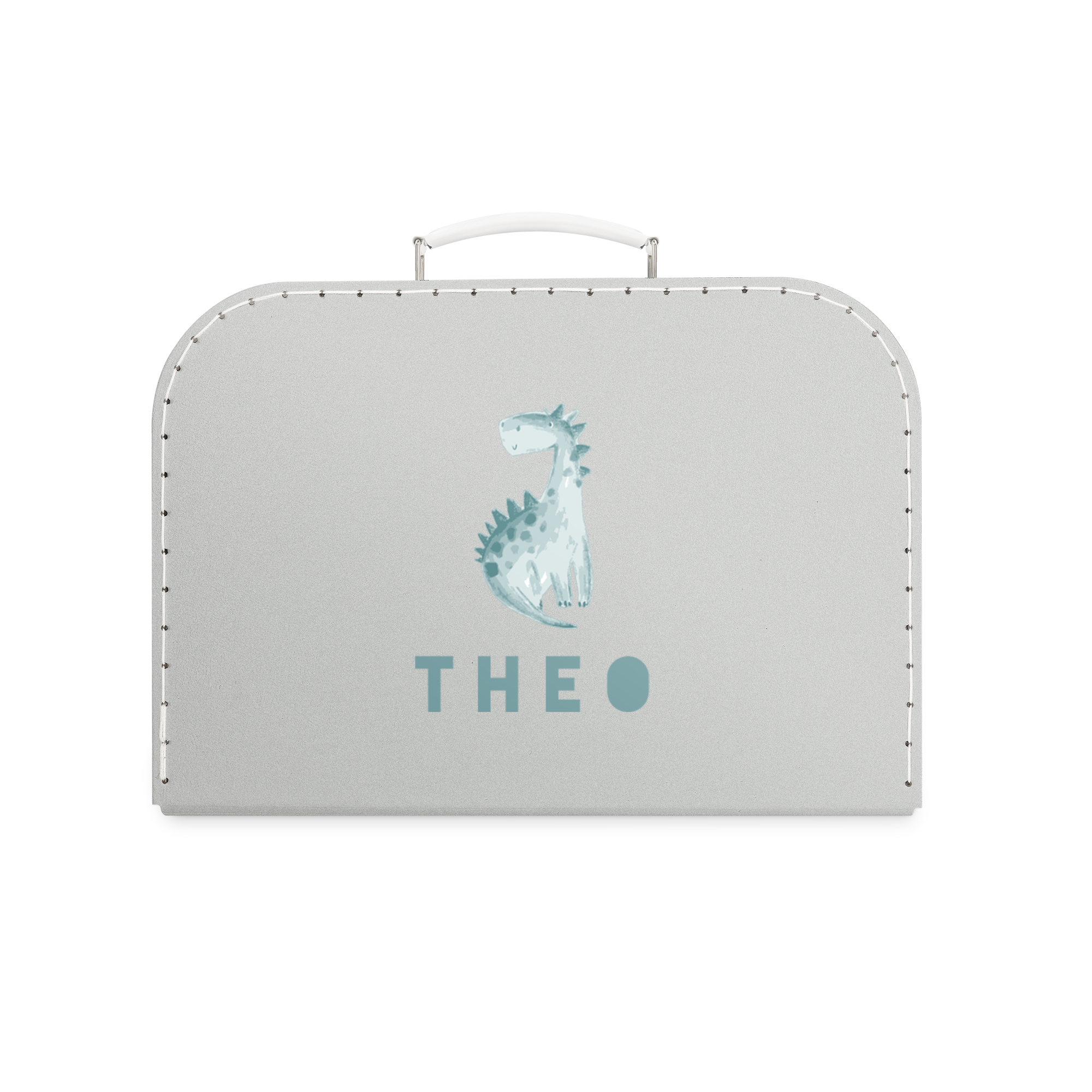 Mala de brinquedo cinza com estampa de dinossauro e nome Theo, personalizada para crianças