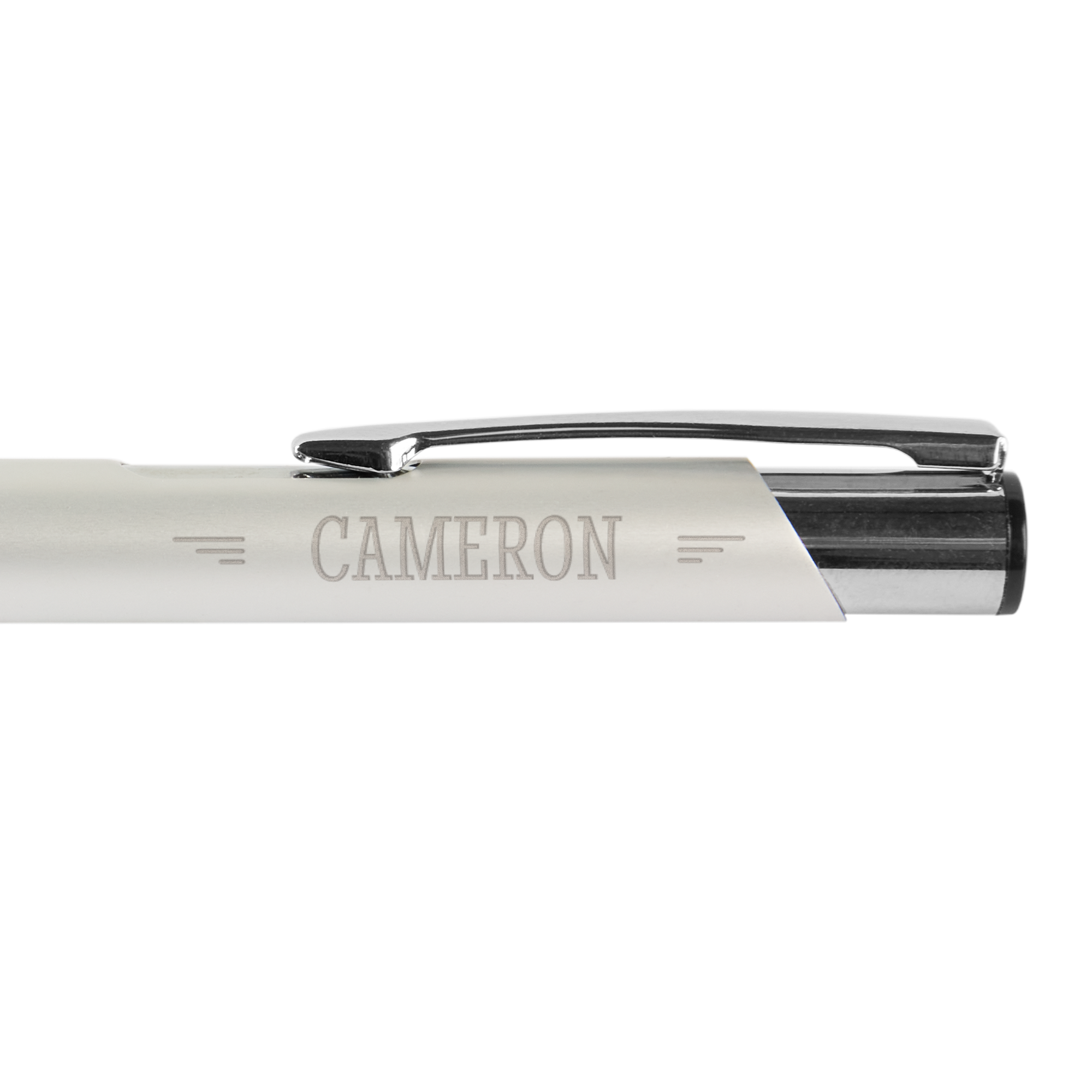 Custom silver viva pen engraved with the name Cameron