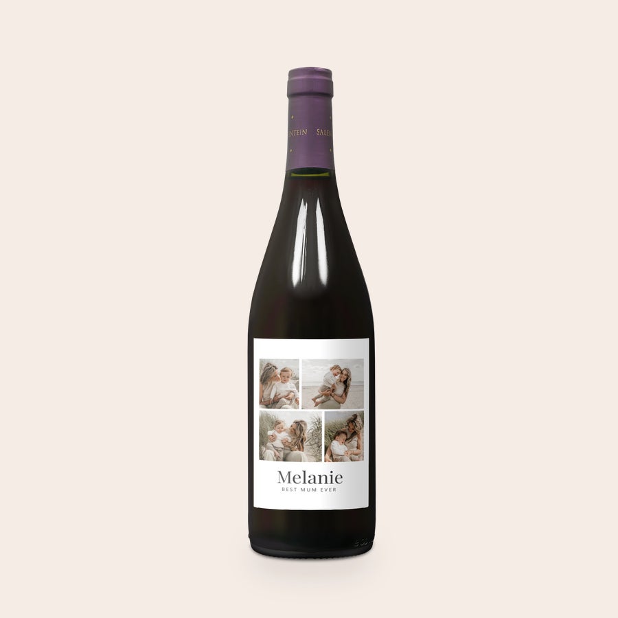 Salentein Pinot Noir Garrafa de Salentein Pinot Noir com rótulo personalizado com 4 fotos e texto "Melanie Best Mum Ever"