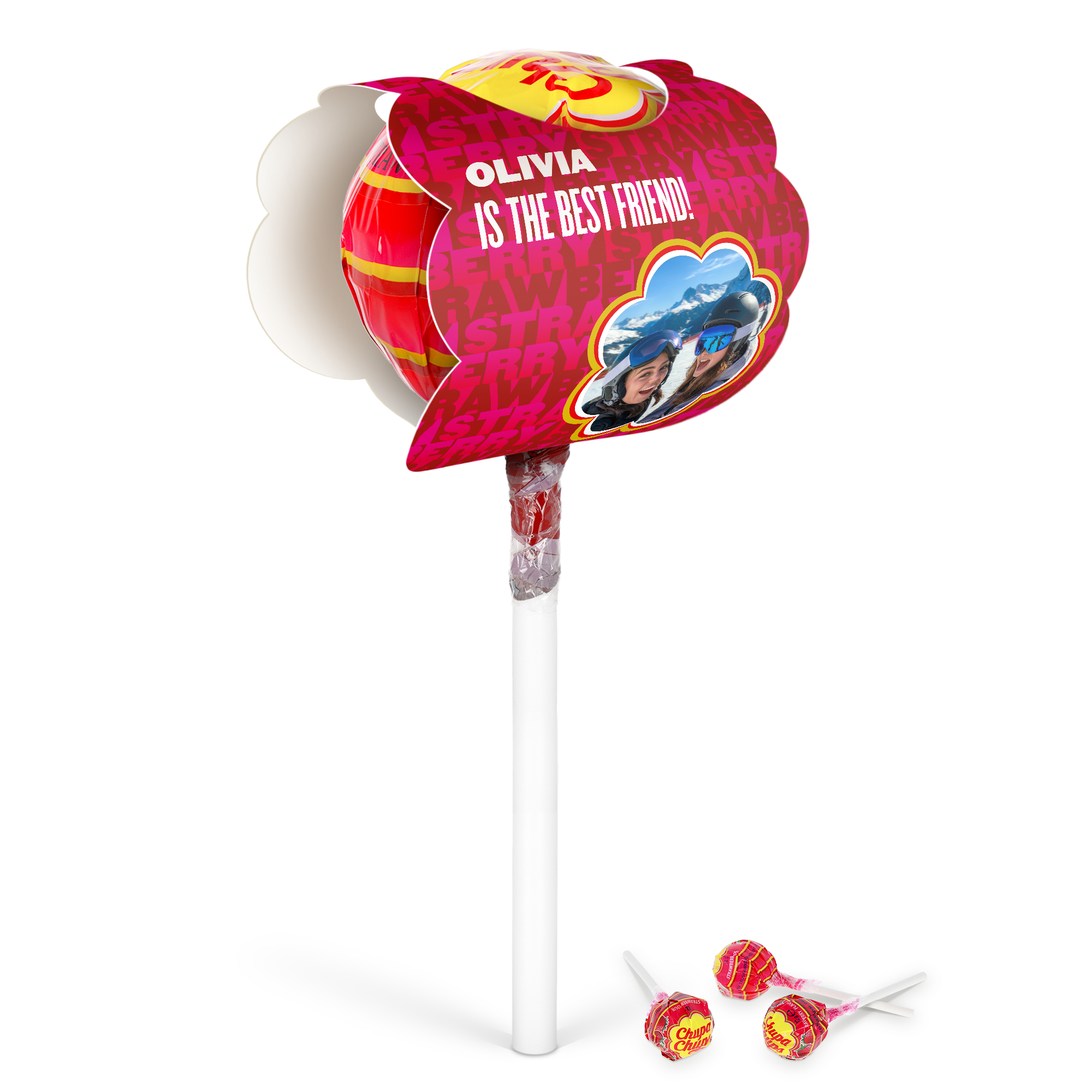 Mega Chupa Chups personalizowane Truskawka 20 lizaków z własnym zdjęciem i imieniem Olivia
