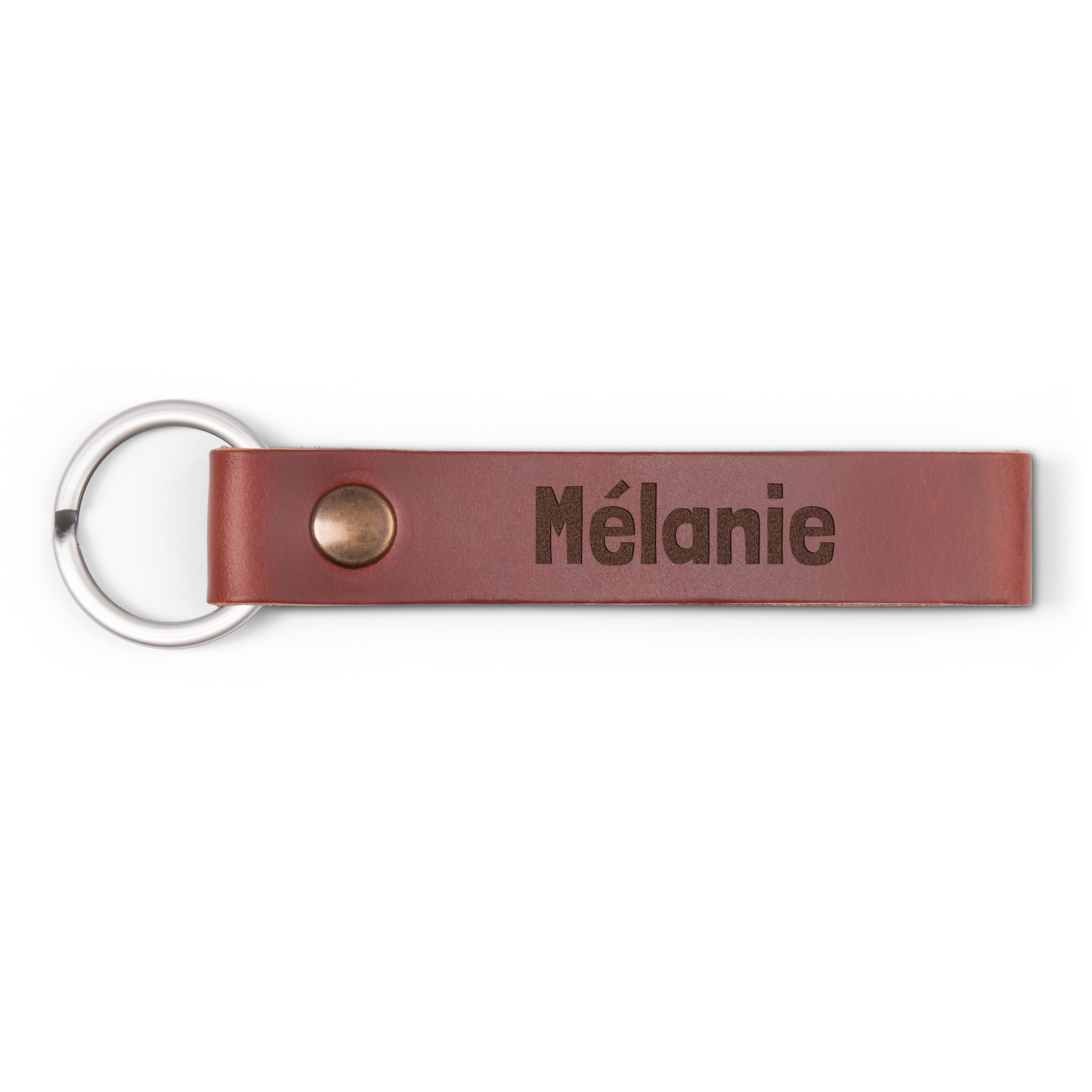 Brown leather keyring engraved with the name Mélanie, perfect for any set of keys