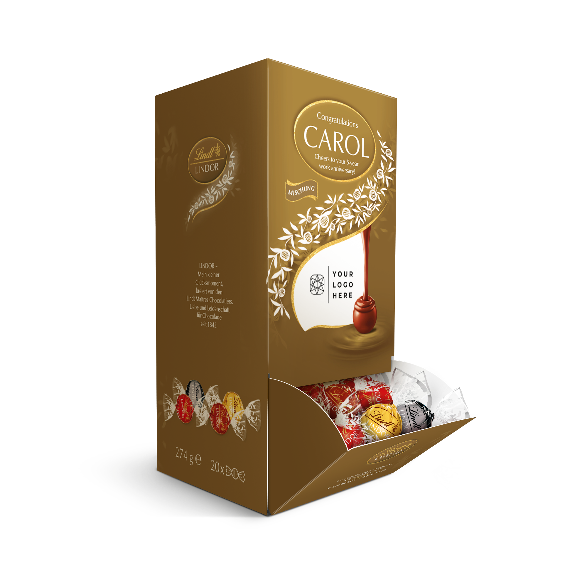 Confezione regalo di cioccolato Lindt marrone, personalizzata con il nome Carol stampato e cioccolatini colorati all'interno