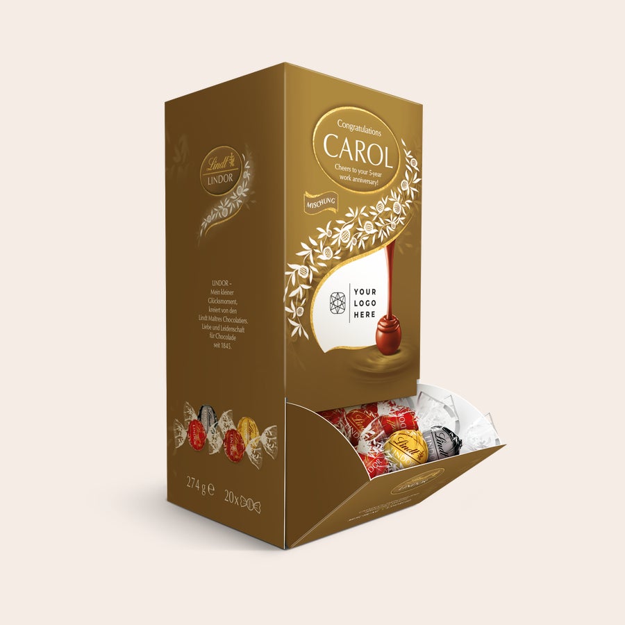 Lindt Dispenser Confezione regalo di cioccolato Lindt marrone, personalizzata con il nome Carol stampato e cioccolatini colorati all'interno