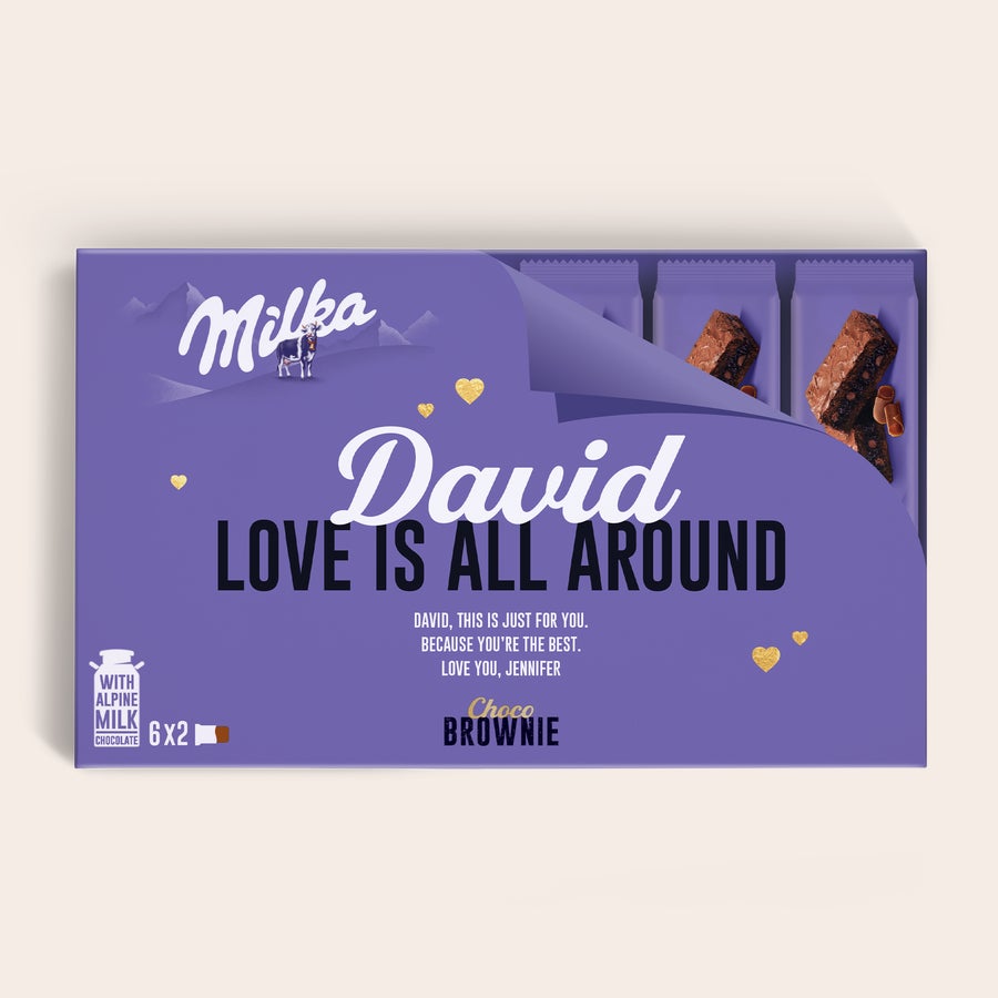 Milka Brownies Caixa de presente Milka Choco Brownie personalizada, impressa com nome David e mensagem