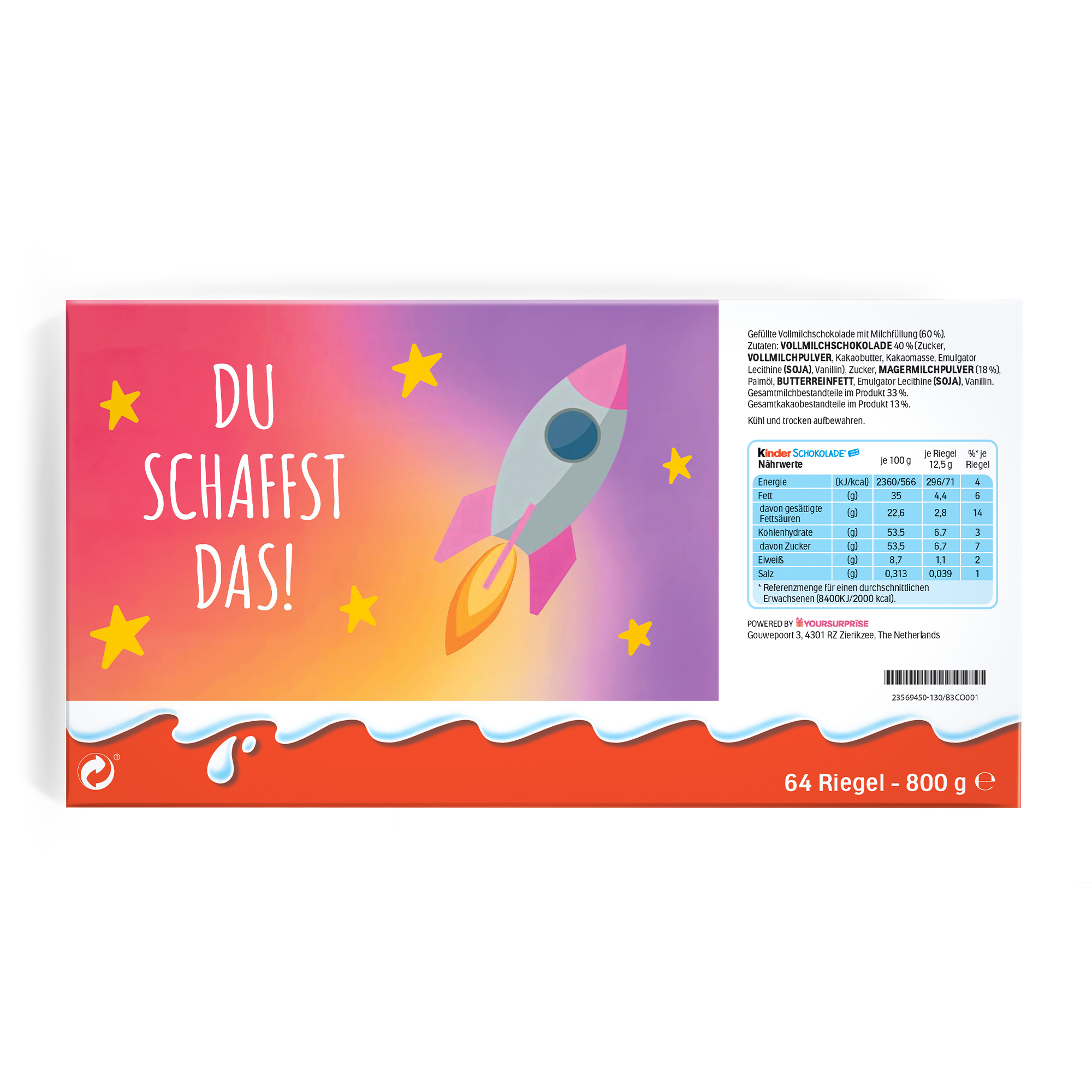 Mega Kinder Schokolade mit Foto und Namen – 400 Gramm, personalisiert mit einem Motiv aus Rakete und Sternen sowie dem Spruch DU SCHAFFST DAS!