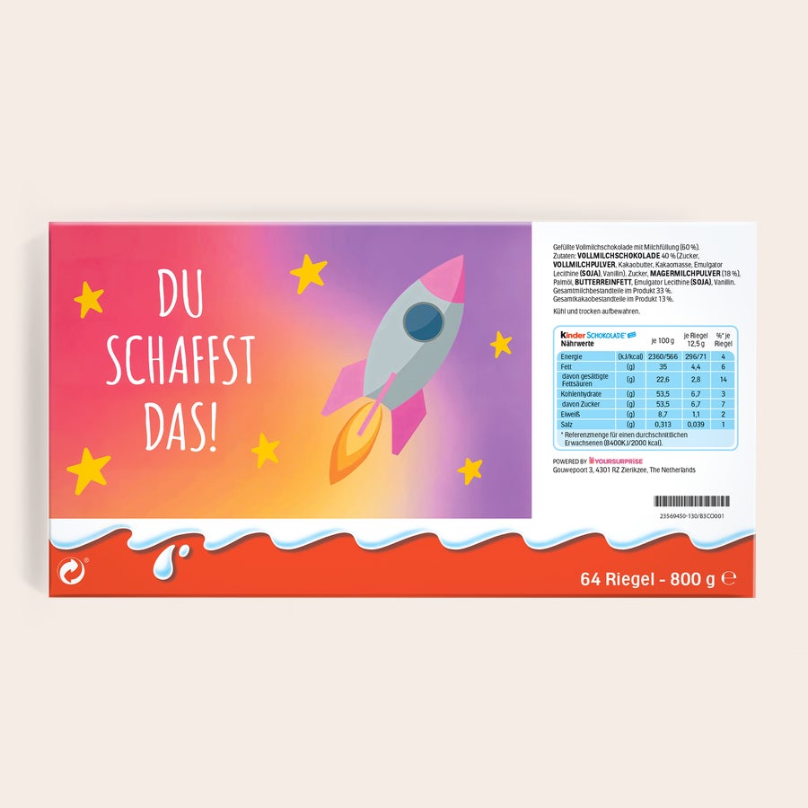Mega kinder Schokolade mit Foto und Namen Mega Kinder Schokolade mit Namen - 800 Gramm, personalisiert mit dem Spruch DU SCHAFFST DAS! und einer bunten Rakete.