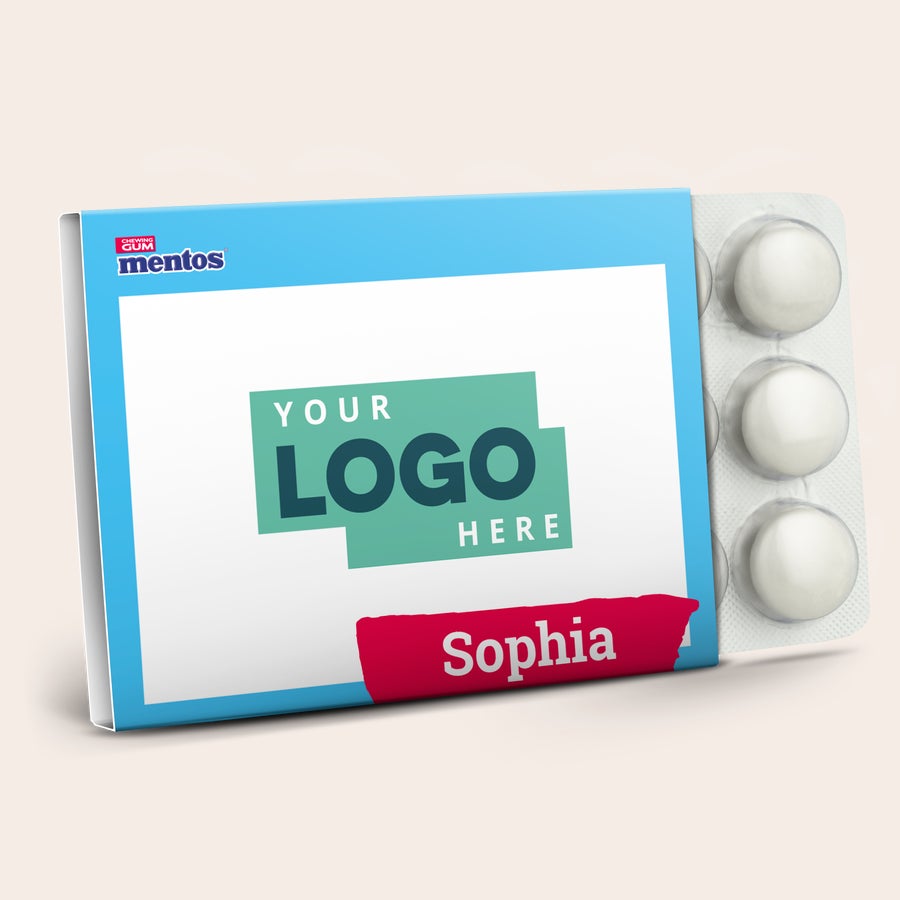 Mentos Kaugummi personalisieren Persönliche Packung Mentos Kaugummi, bedruckt mit einem individuellen Logo und dem Namen Sophia