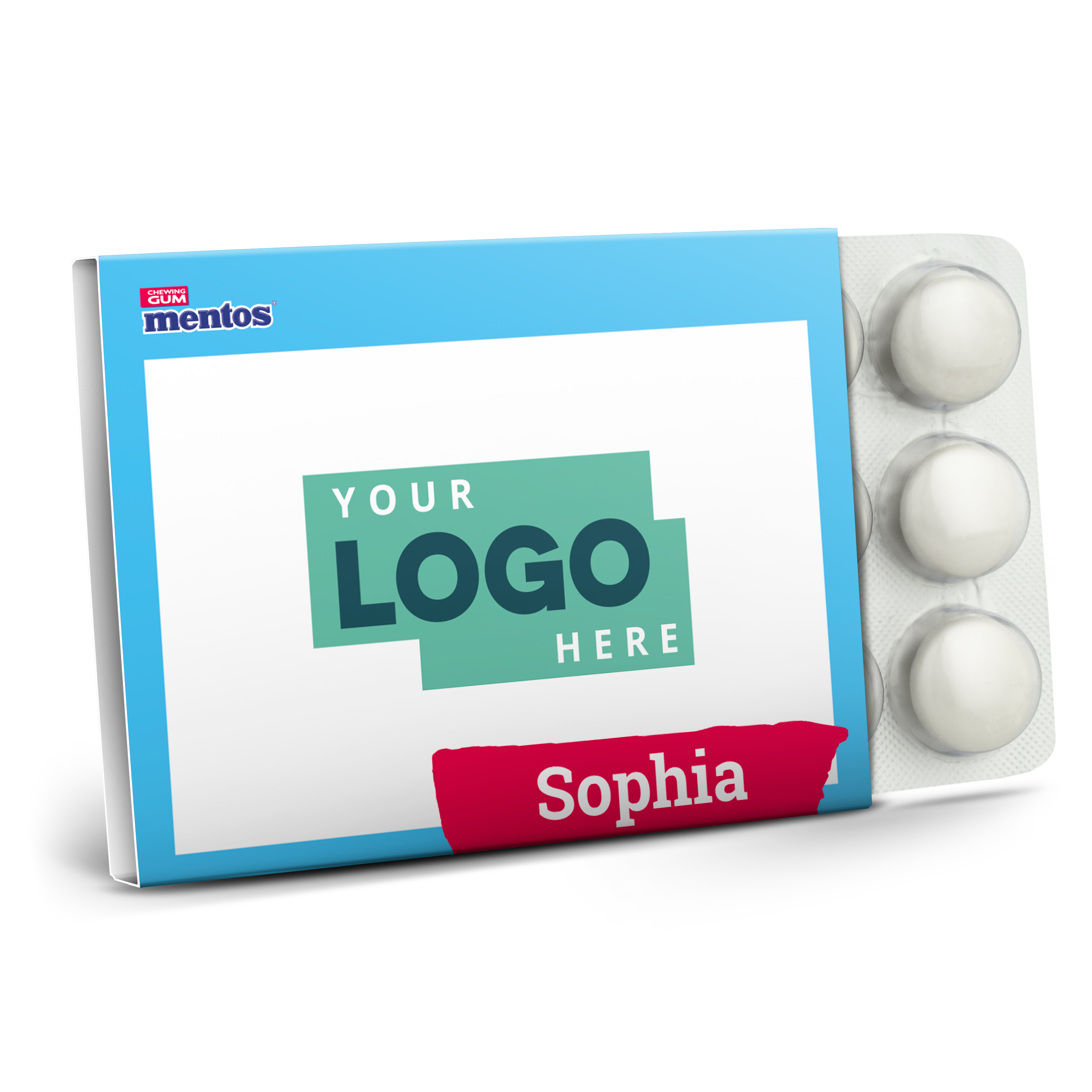 Yksilöllinen Mentos-purukumipakkaus painetulla Sophia-nimellä ja "Your Logo Here" -tekstillä työntekijöitä yllättämään