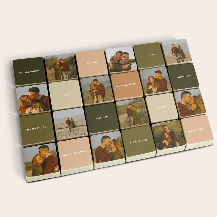 Blocos de chocolate com foto chocolates personalizados com fotos e frases impressas coloridas, uma deliciosa surpresa