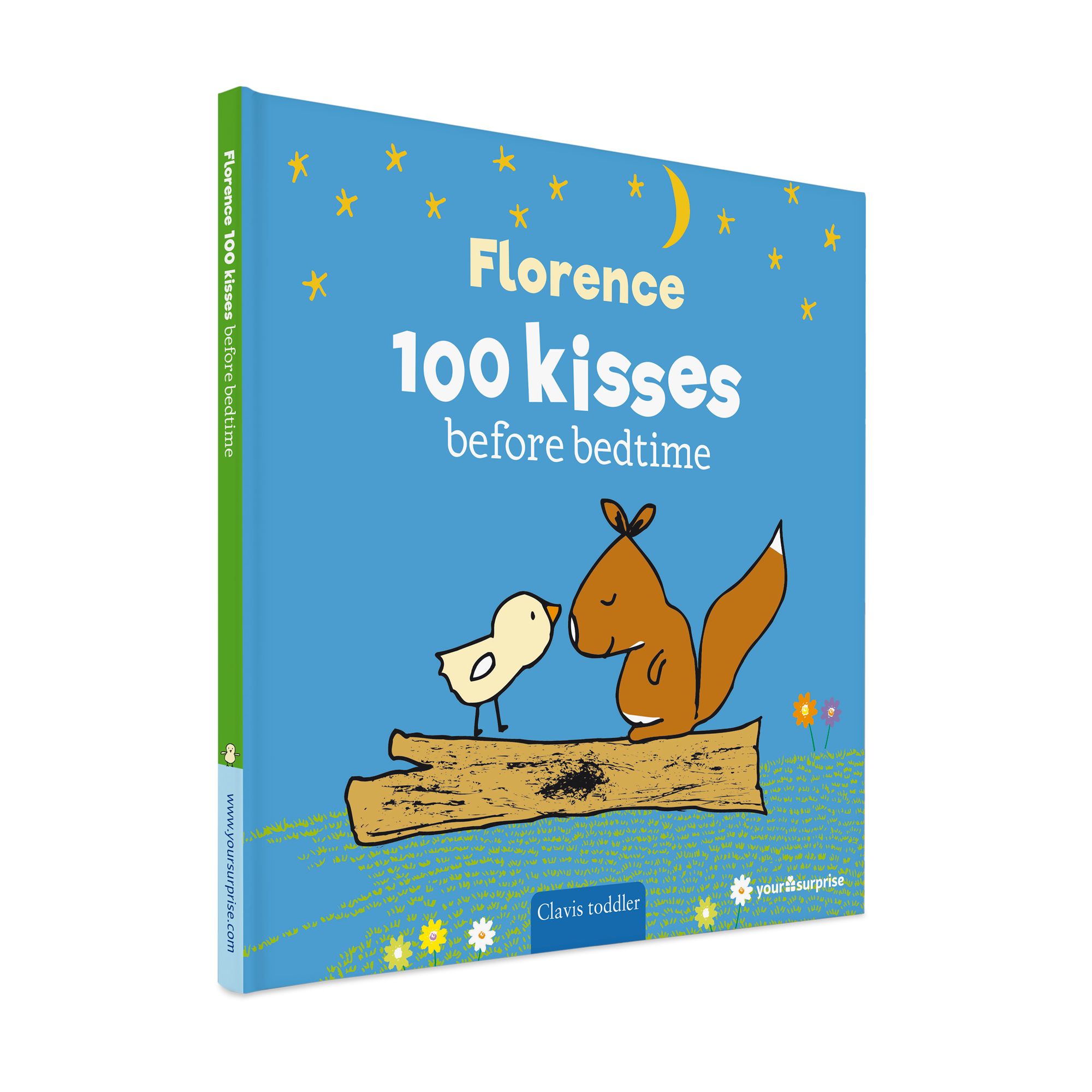 Personalized Goodnight Story children's book with Florence printed on the cover, featuring a chick and squirrel.