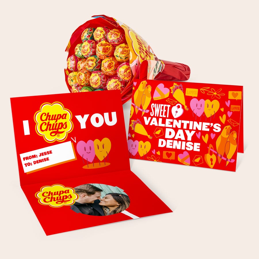 Buchet Chupa Chups cu felicitare personalizată Buchet Chupa Chups cu felicitare personalizată