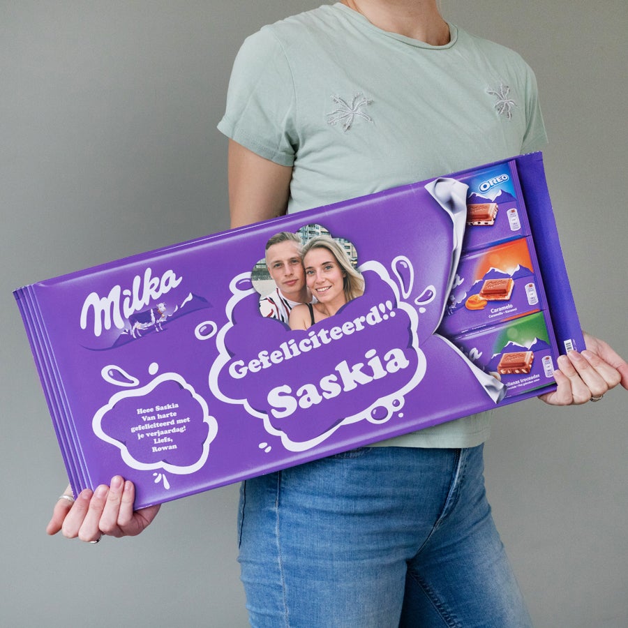 Mega Milka reep met naam en foto bedrukken Mega Milka reep met naam en foto bedrukken