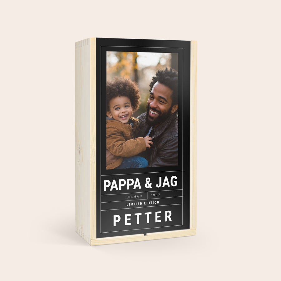 Personligt Öl-set i trälåda på Fars dag - Westmalle Trälåda med foto av pappa och barn, texten Pappa & Jag och Petter, tryckt Fars dag öl-set.