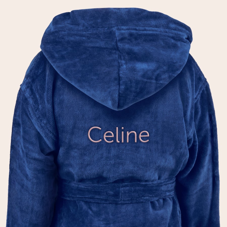Badekåpe - barn Mørkeblå, myk barnebadekåpe med "Celine" brodert i lyserosa på ryggen, perfekt for å overraske barna.