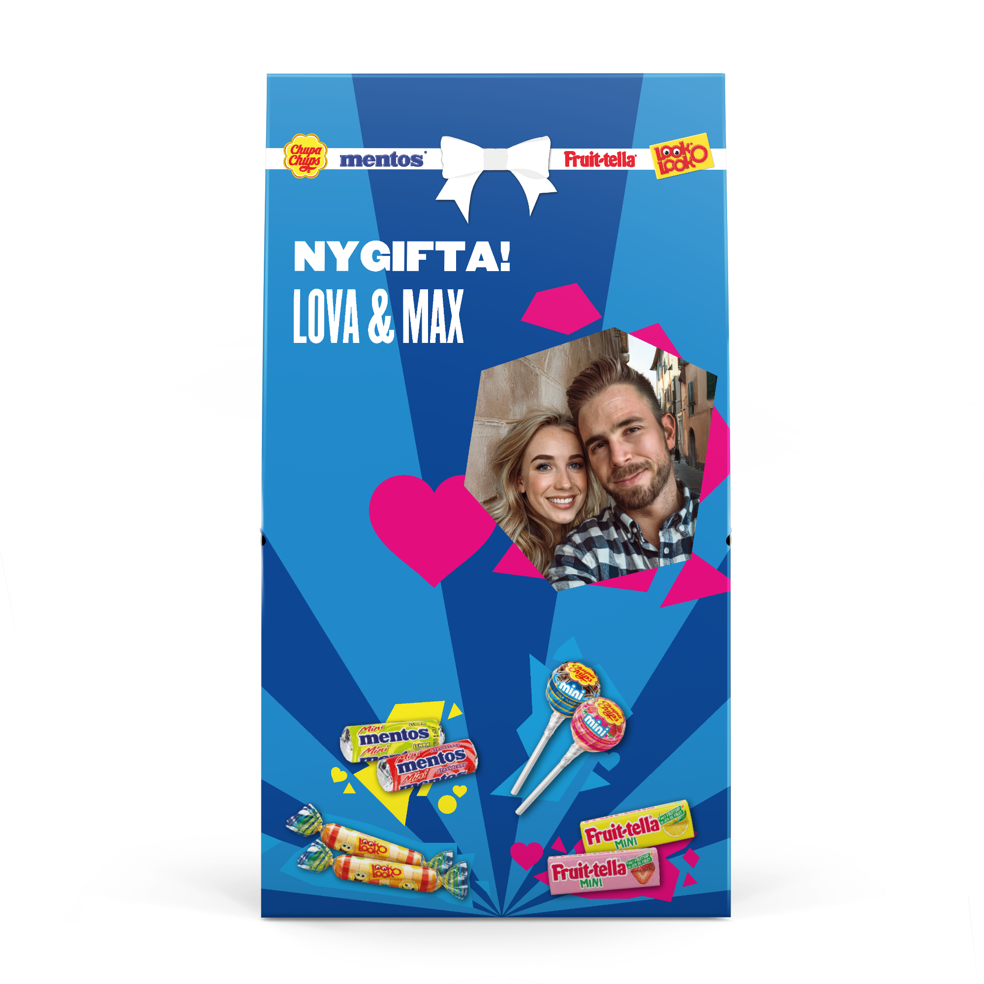 Personlig Fruit-tella godismix med texten "NYGIFTA! LOVA & MAX" och ett foto, tryckt på framsidan för att söta upp deras dag.