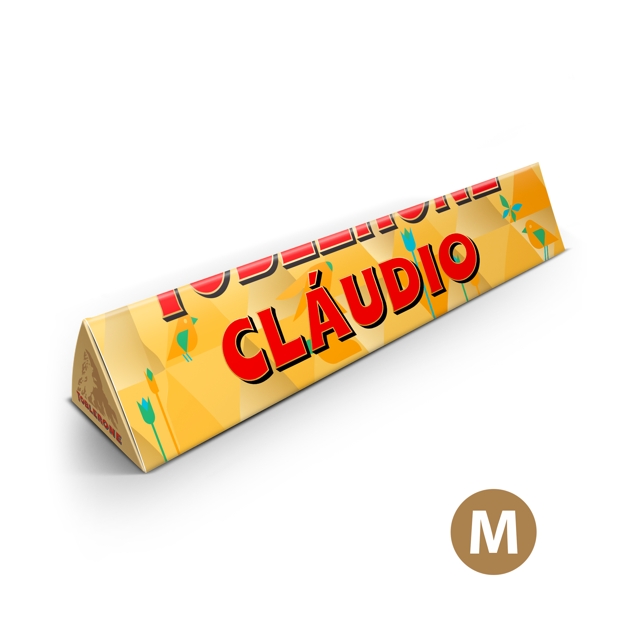 Barra de chocolate Toblerone personalizada para a Páscoa com o nome Cláudio impresso em vermelho.