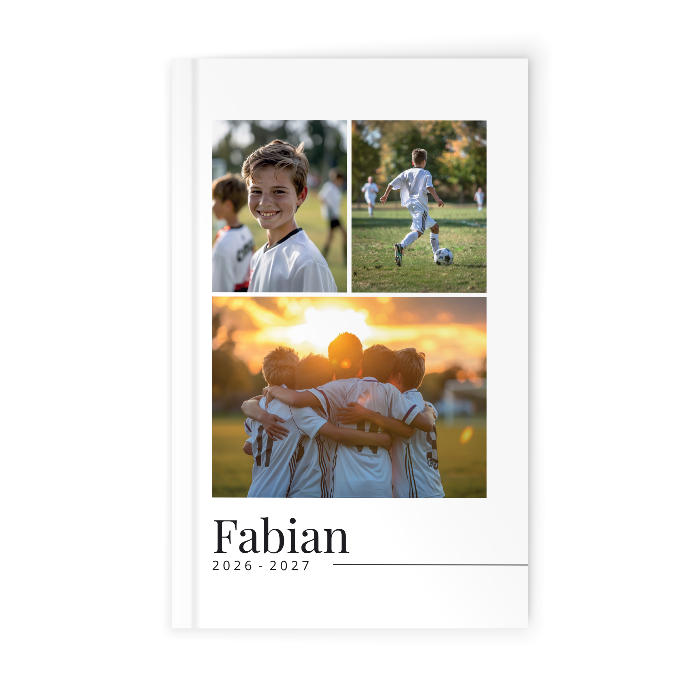 Personlig skolkalender 2026/2027 Inbunden med tre foton och namnet Fabian tryckt på framsidan.