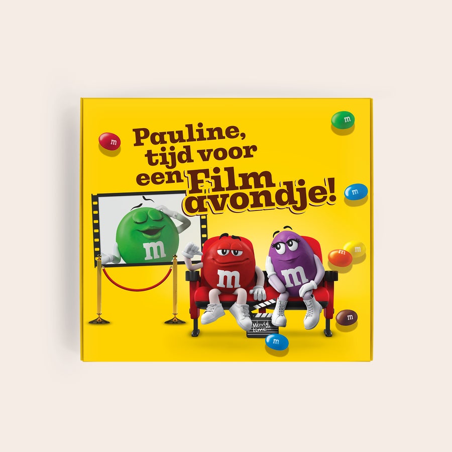 Gepersonaliseerde M&M's moviebox Gepersonaliseerde M&M'S film giftbox met opdruk Pauline, tijd voor een filmavondje! Maak van hun filmavond iets bijzonders