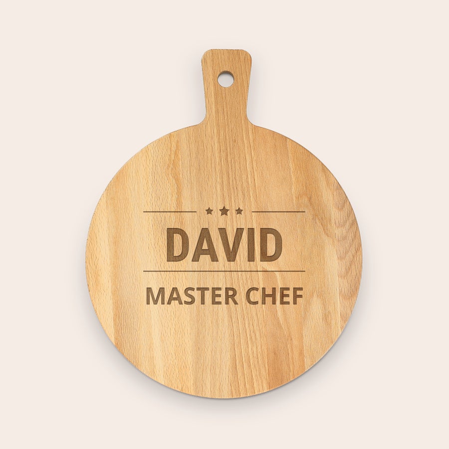Grawerowane deski do krojenia Drewniana deska do serwowania z wygrawerowanym imieniem DAVID MASTER CHEF i trzema gwiazdkami