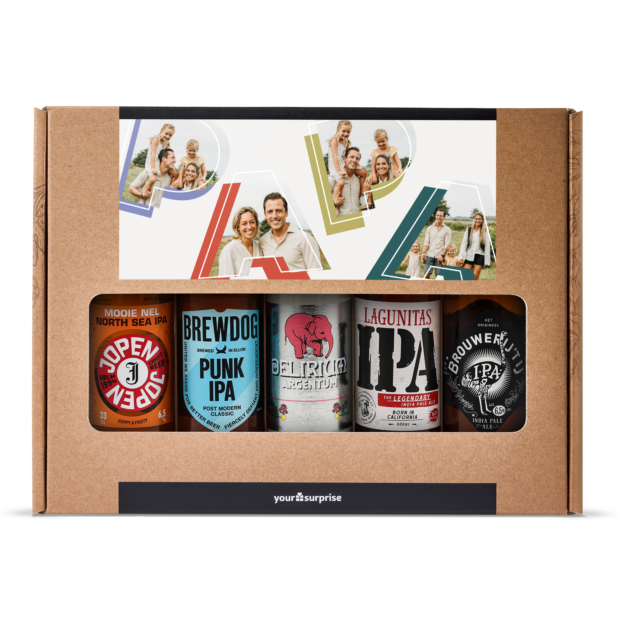 Coffret cadeau de bière de microbrasserie personnalisé imprimé avec des photos de famille et cinq bières