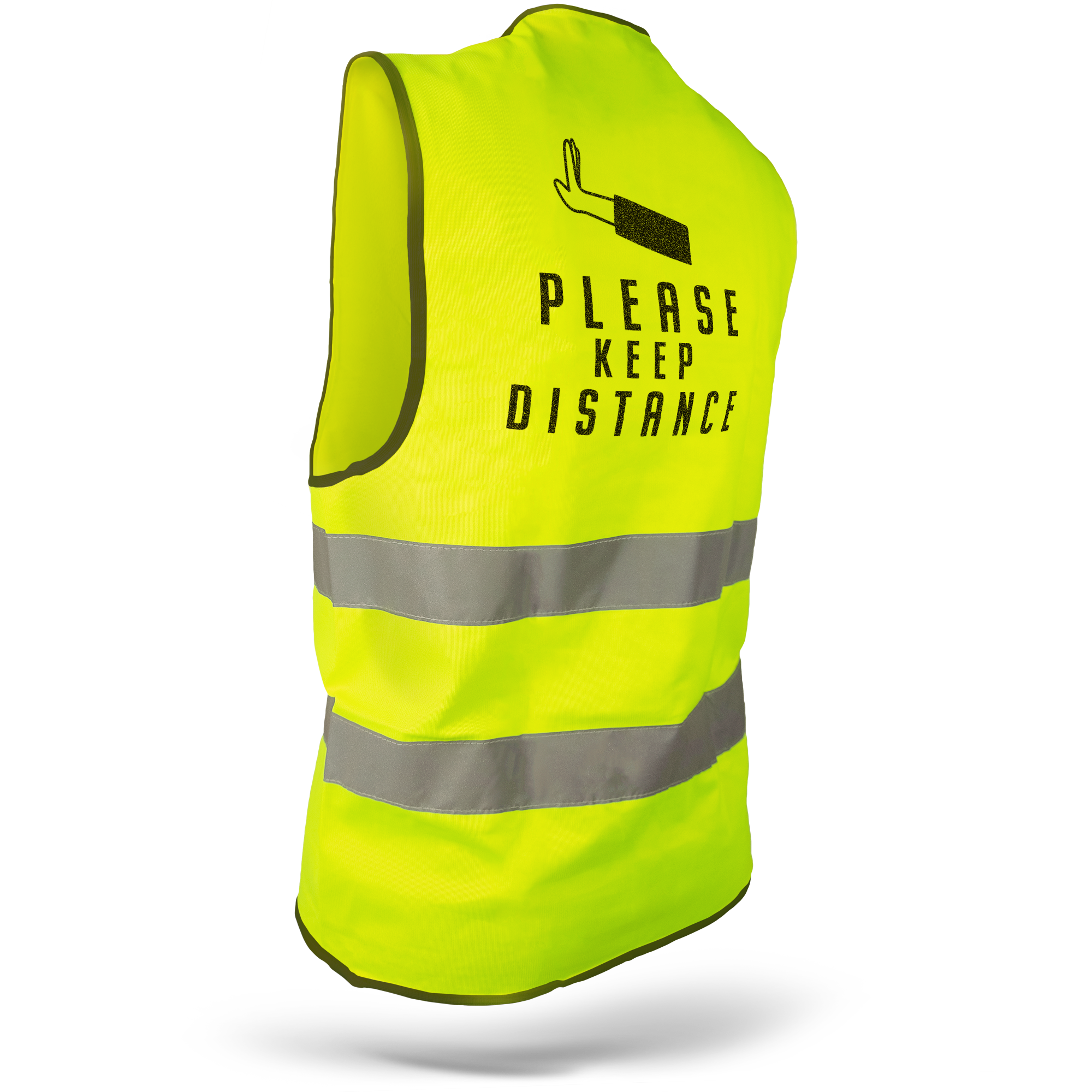 Kamizelka odblaskowa z nadrukiem Please Keep Distance i dłonią, żółta z paskami, z personalizacją.