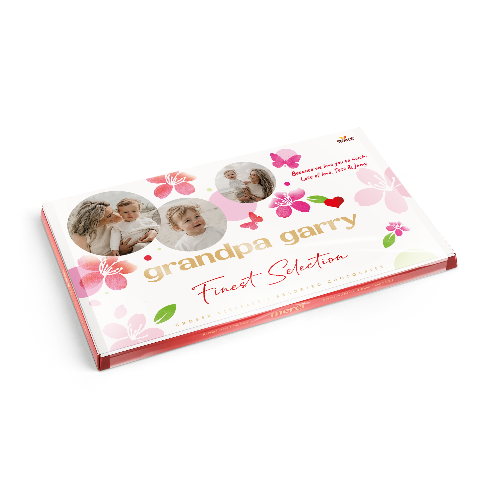 Merci chocolate with personalised card - 400 grams, custom printed with photos of family and text 