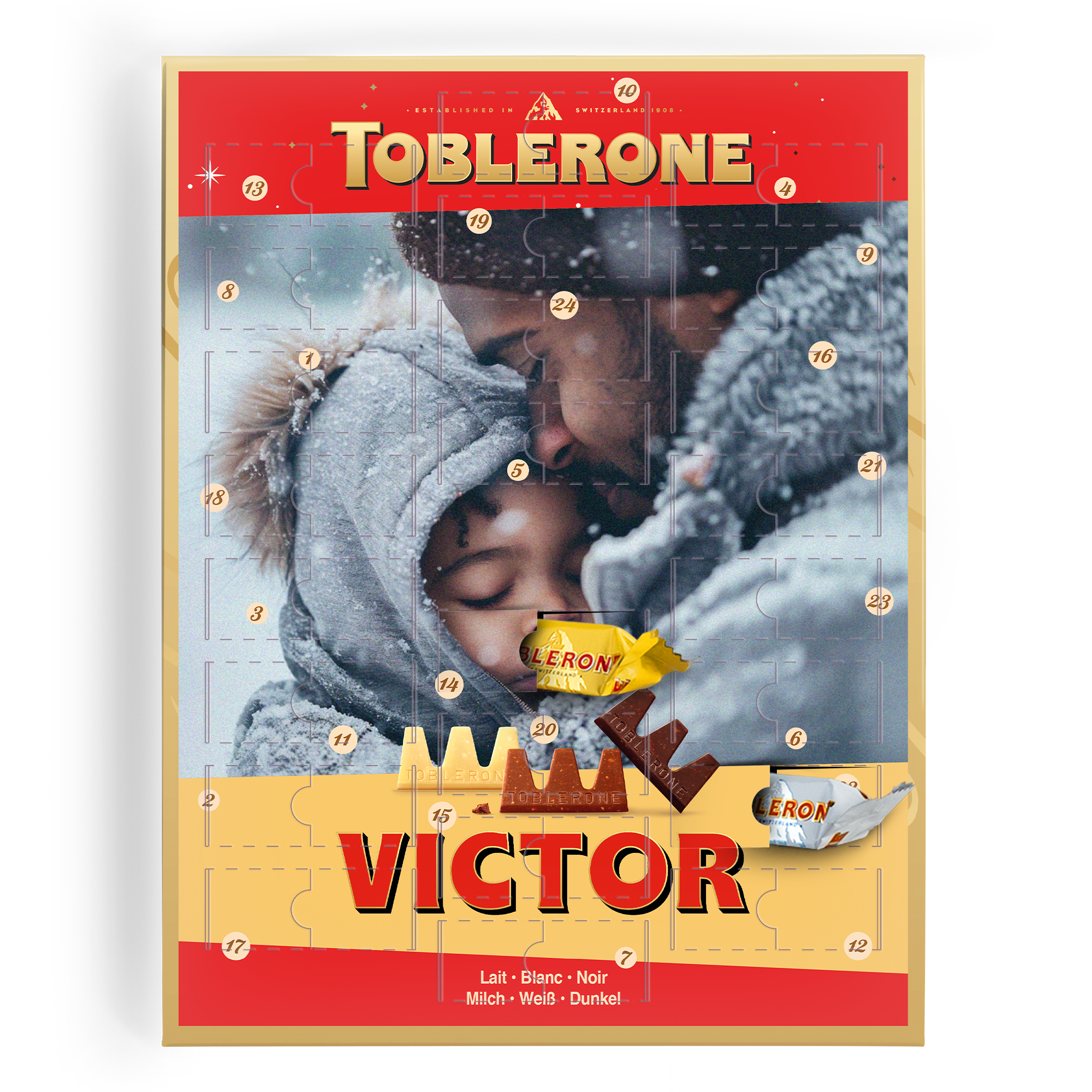 Calendrier de l'Avent personnalisé Toblerone imprimé avec photo d'un adulte et d'un enfant et le nom VICTOR