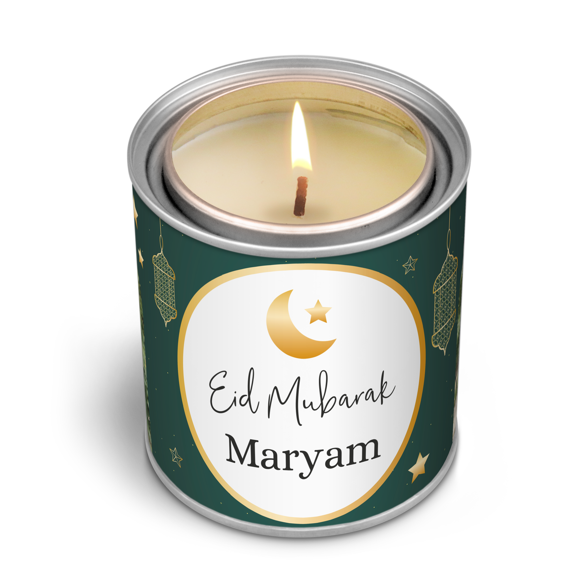 Osebna dišeča sveča z napisom Eid Mubarak Maryam, potiskana z islamskimi simboli in možnostjo imenske personalizacije.