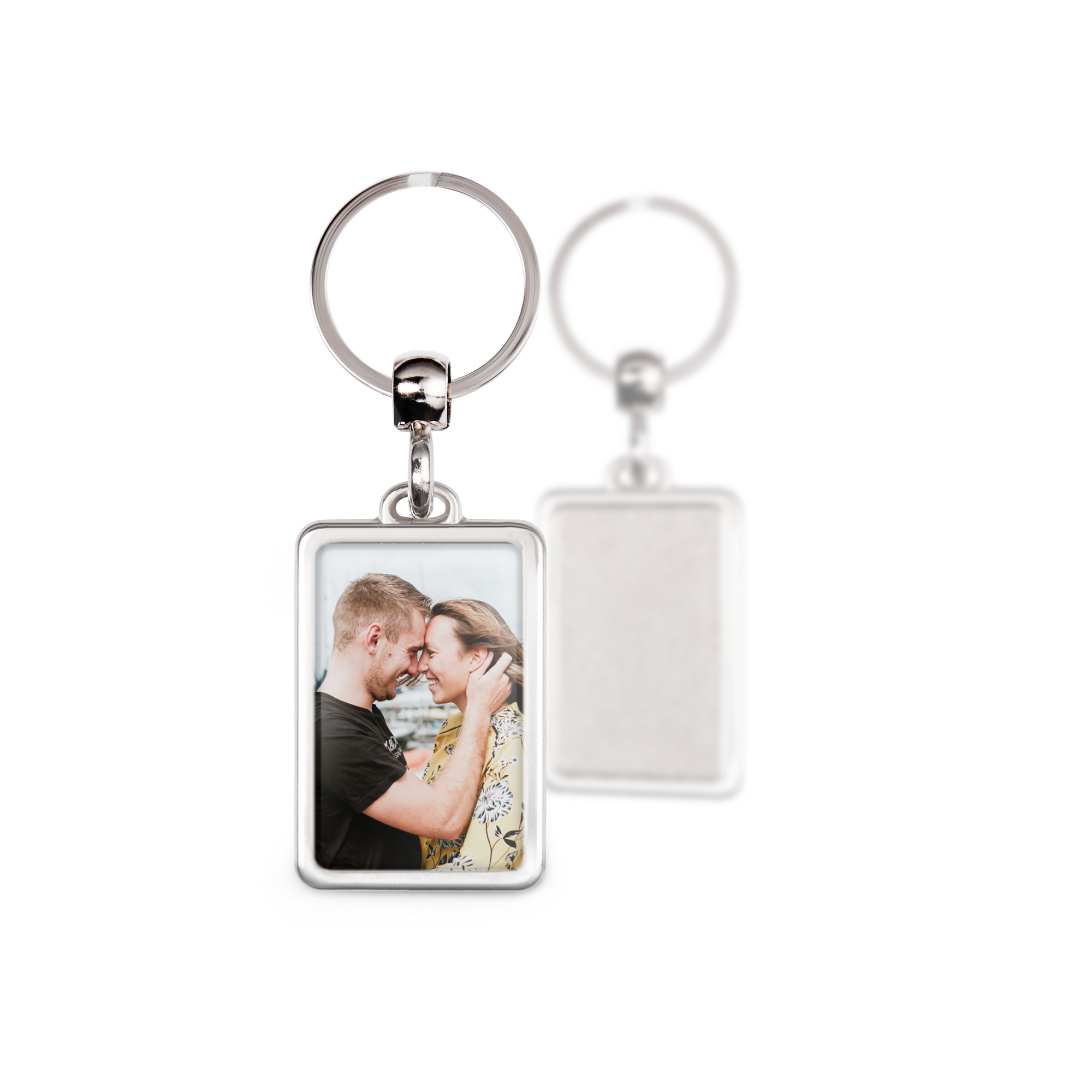 Breloc original dreptunghiular din metal argintiu imprimat cu o fotografie personalizată a unui cuplu
