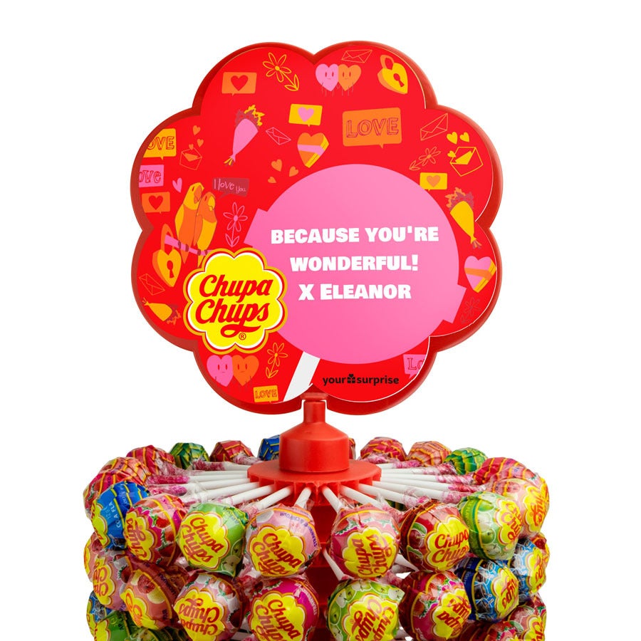 Személyre szabott Chupa Chups nyalóka állvány 200 nyalókával, egyedi üzenettel: BECAUSE YOU'RE WONDERFUL! X ELEANOR