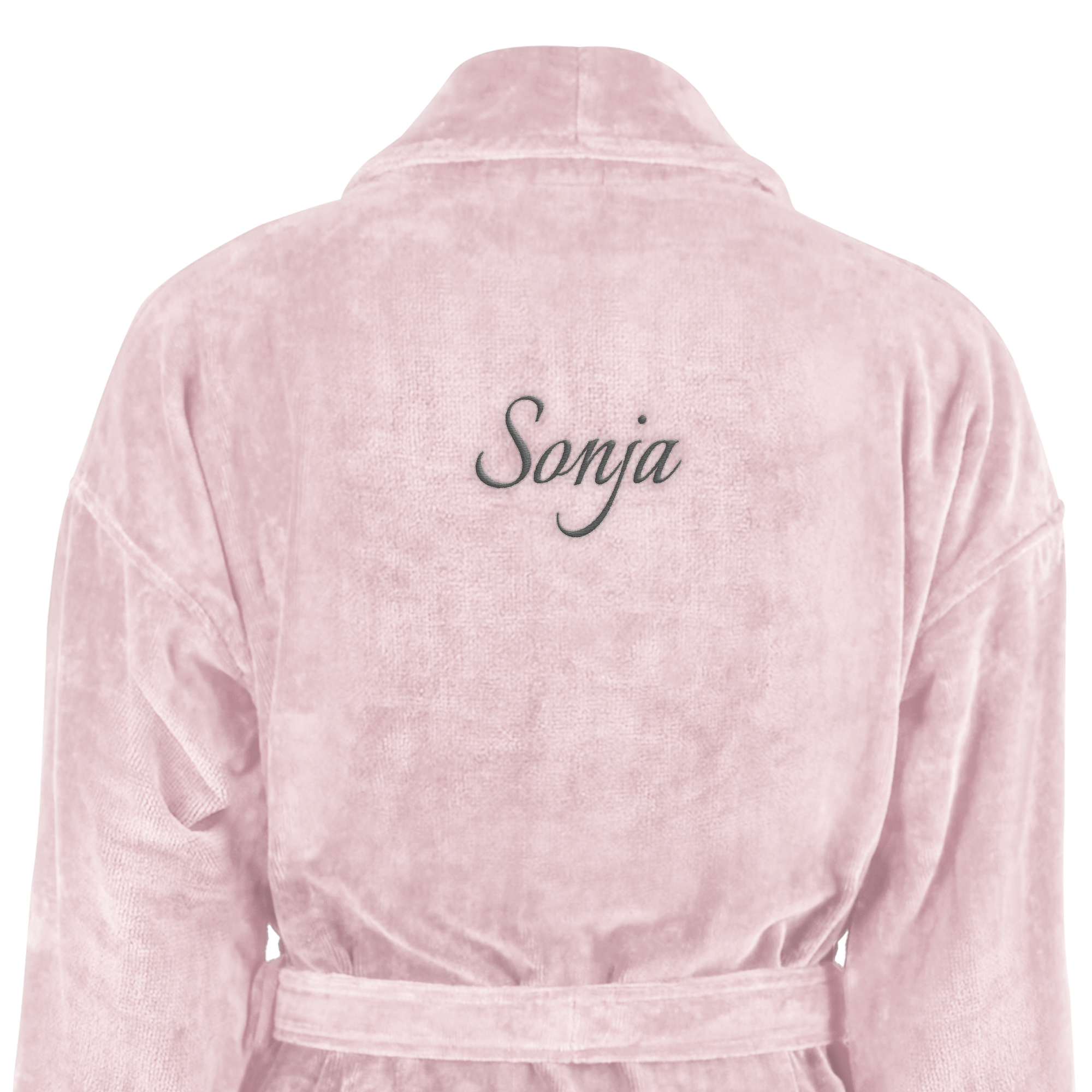Bademantel mit Namen in Rosa, bestickt mit "Sonja" in Schwarz auf kuscheligem Frottee